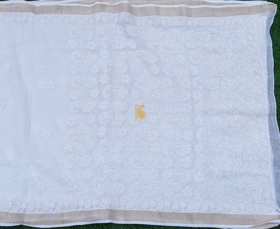 White Cotton Kota Chikankari Sari - Khinkhwab