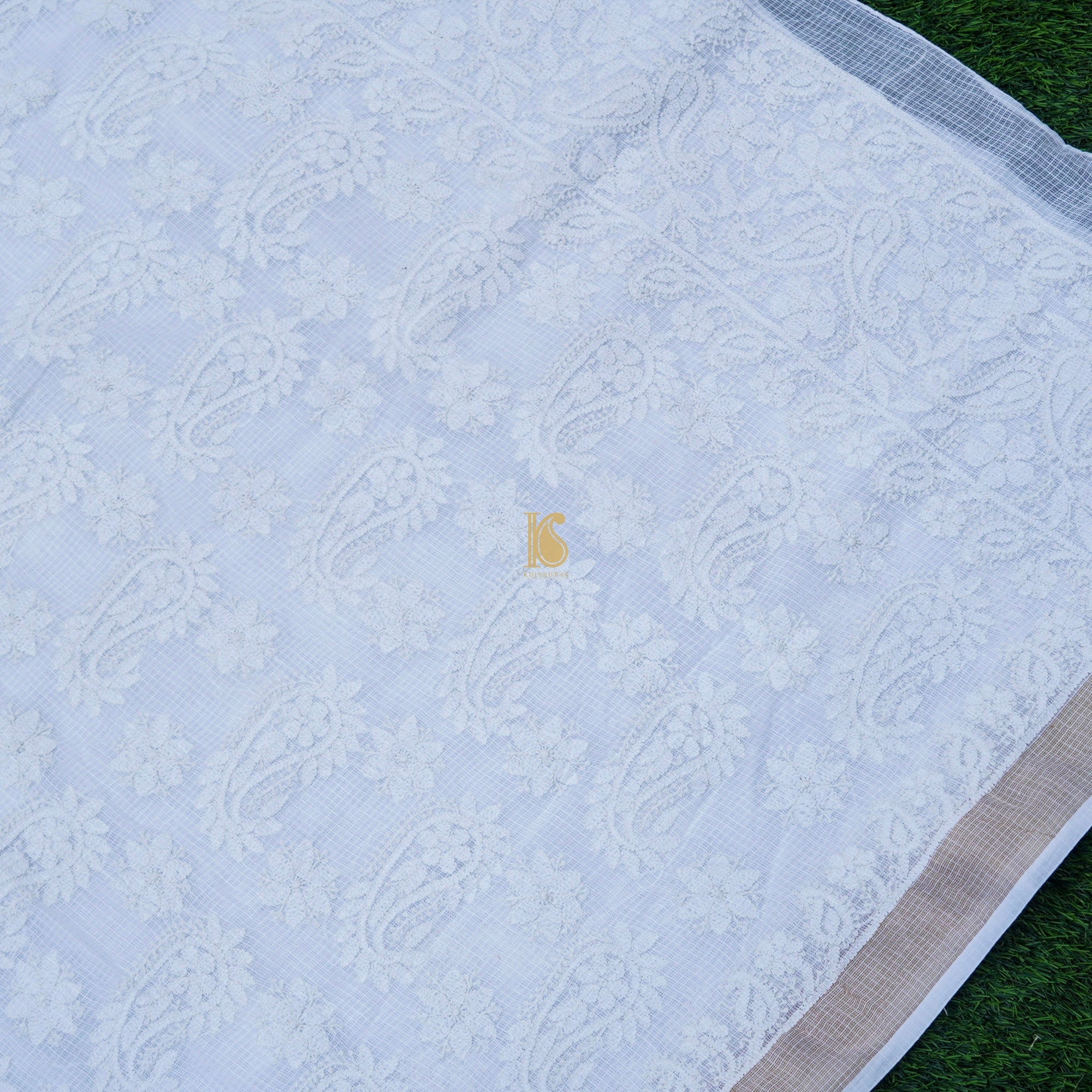 White Cotton Kota Chikankari Sari - Khinkhwab