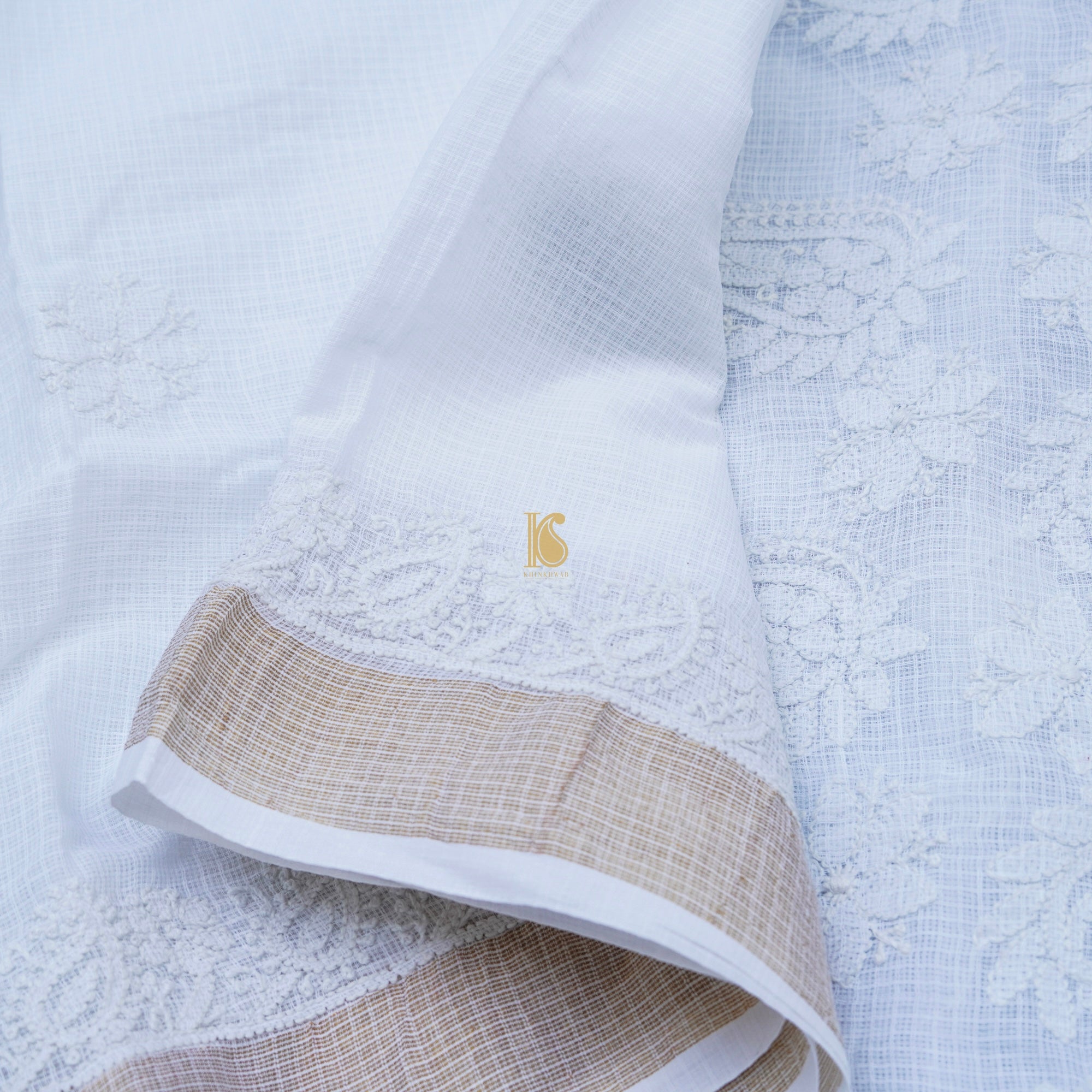 White Cotton Kota Chikankari Sari - Khinkhwab
