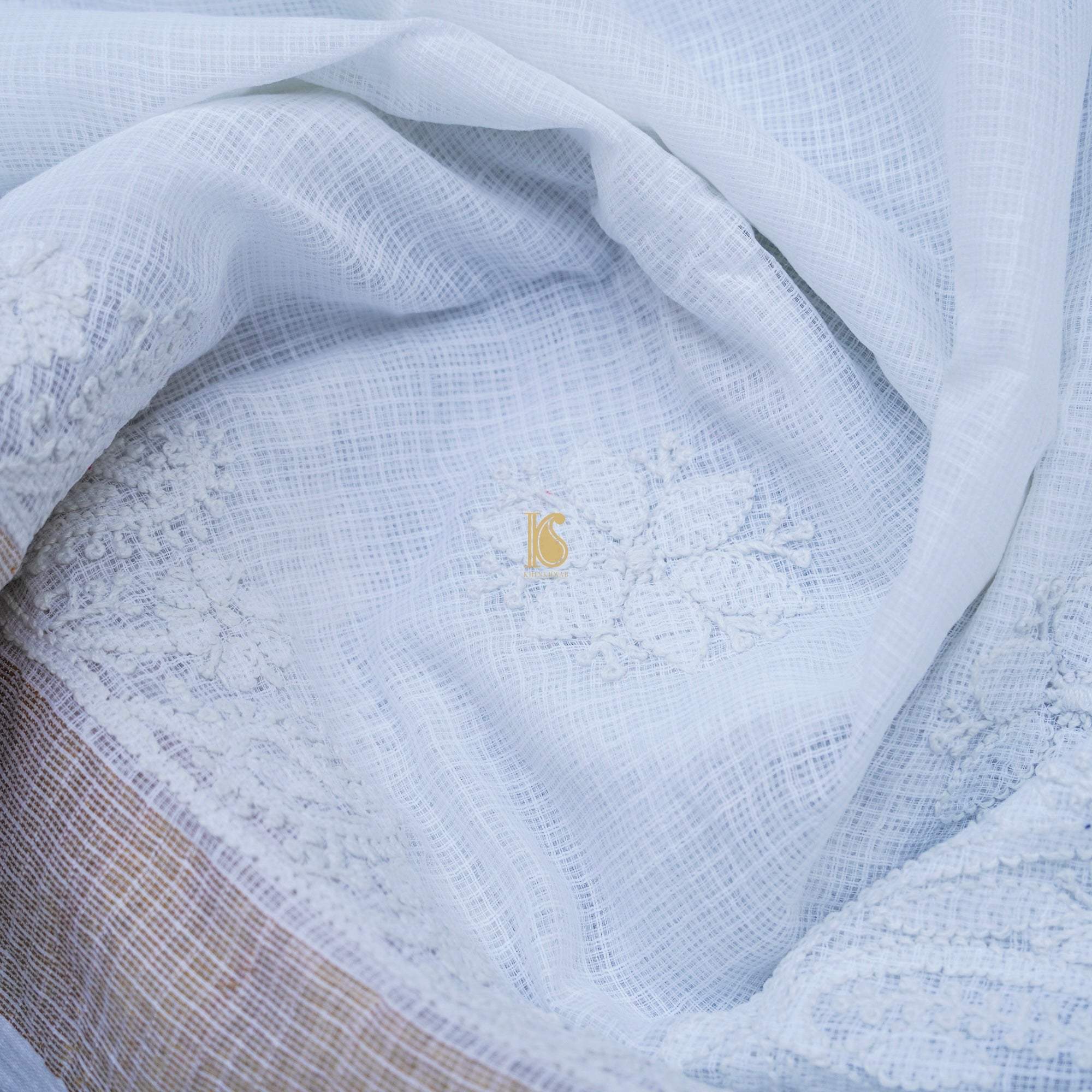 White Cotton Kota Chikankari Sari - Khinkhwab