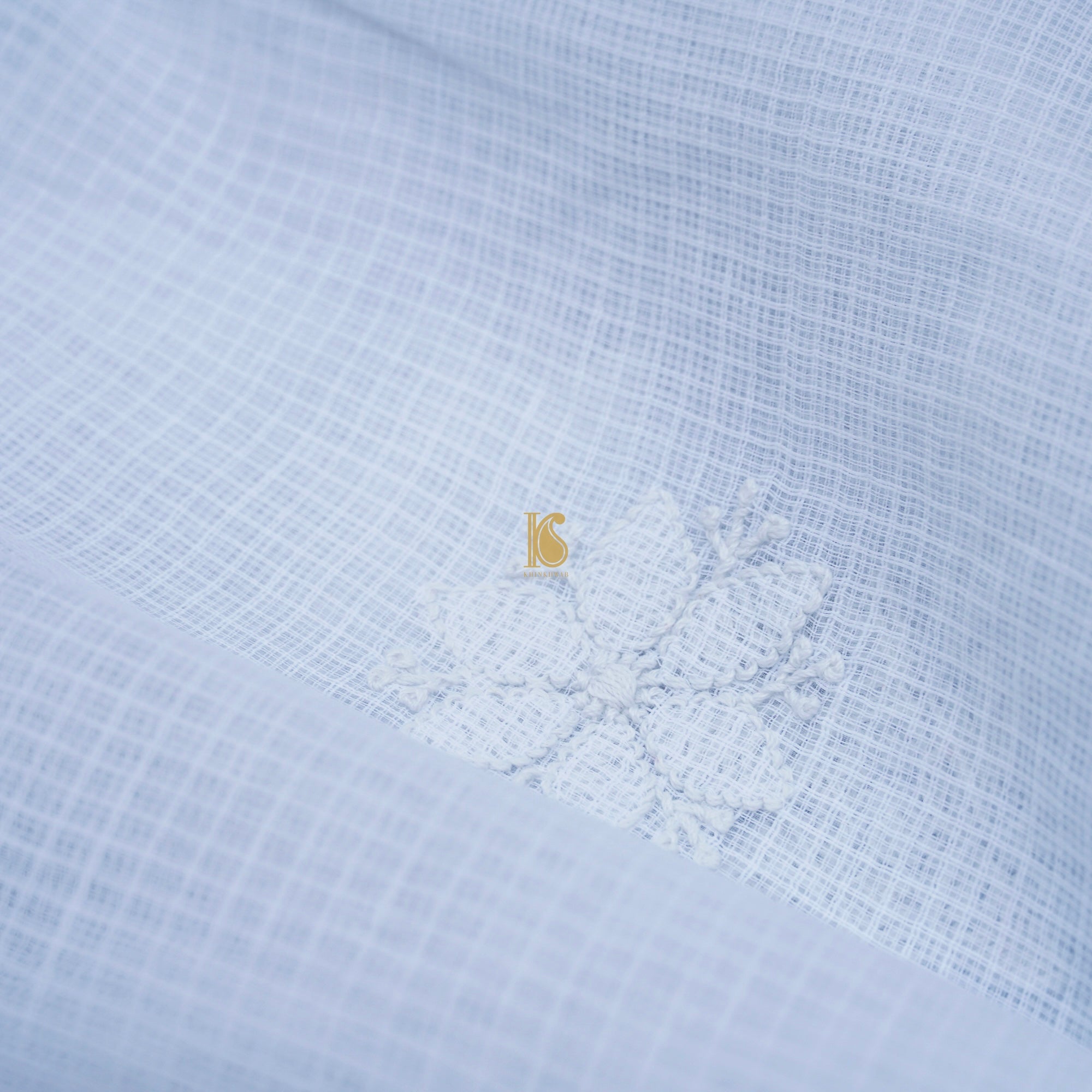 White Cotton Kota Chikankari Sari - Khinkhwab