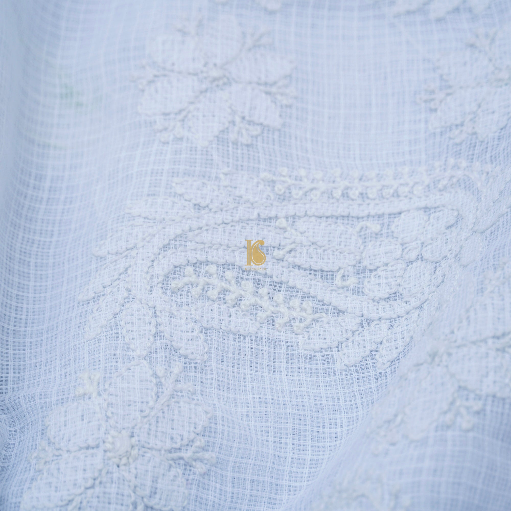 White Cotton Kota Chikankari Sari - Khinkhwab