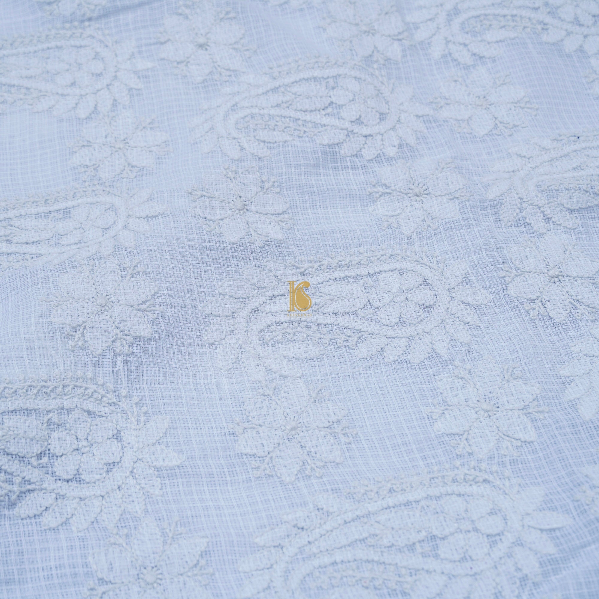 White Cotton Kota Chikankari Sari - Khinkhwab