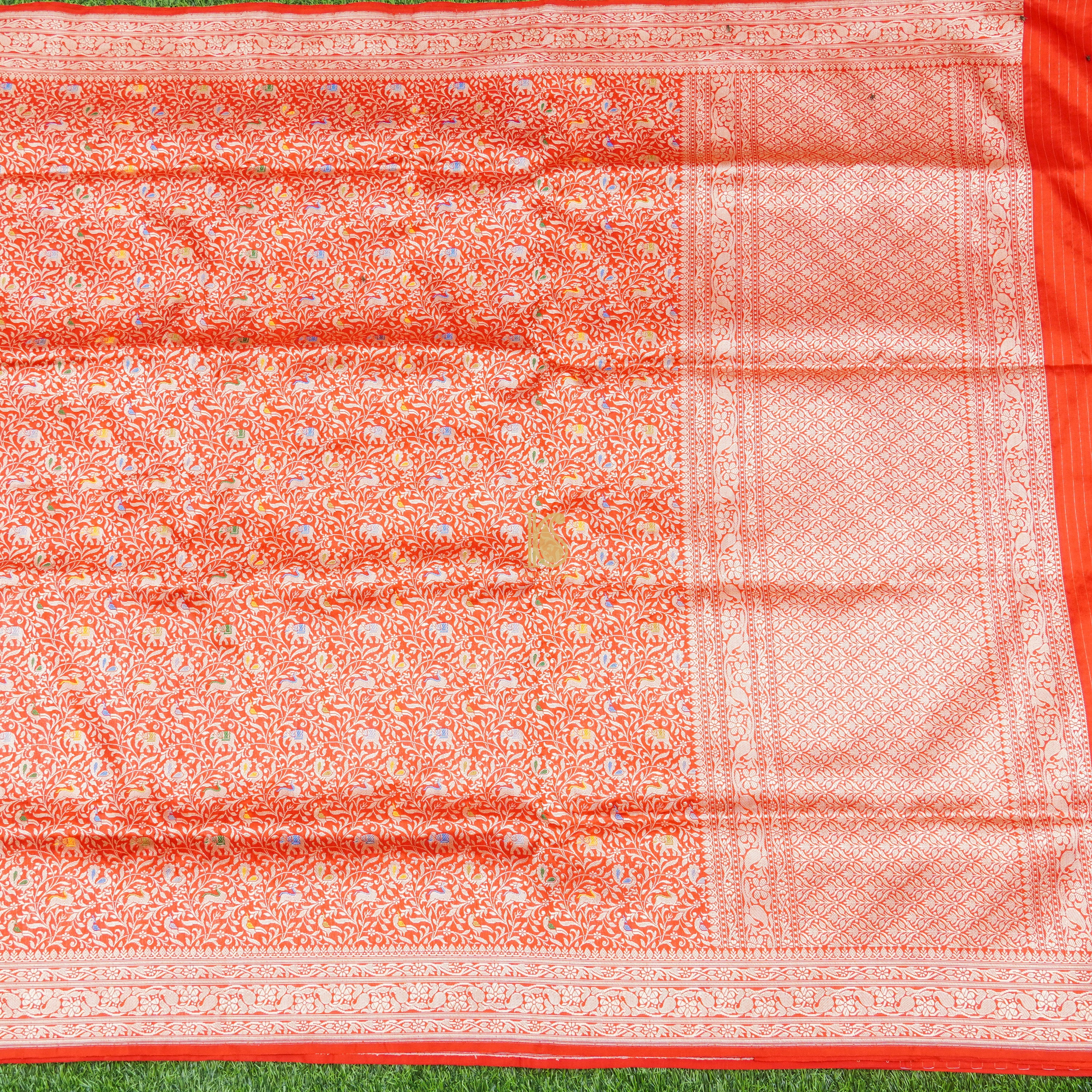 Handloom Katan Silk Outrageous Orange Banarasi Shikargah Saree - Khinkhwab