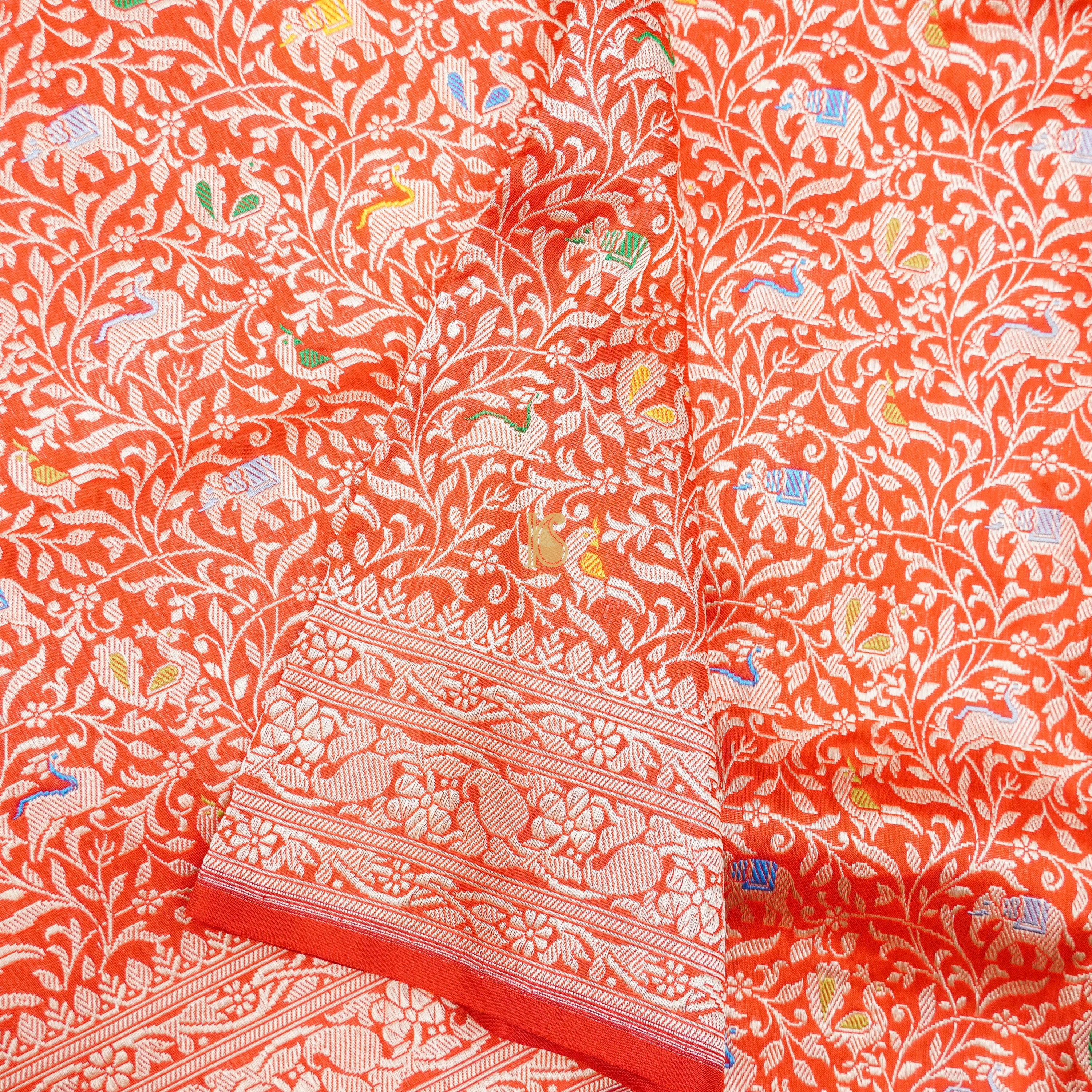 Handloom Katan Silk Outrageous Orange Banarasi Shikargah Saree - Khinkhwab