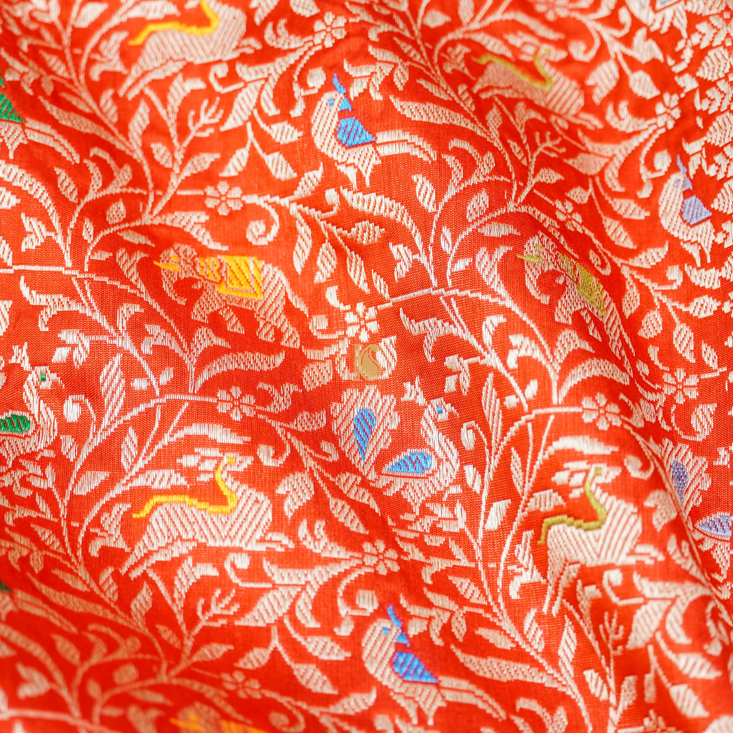 Handloom Katan Silk Outrageous Orange Banarasi Shikargah Saree - Khinkhwab