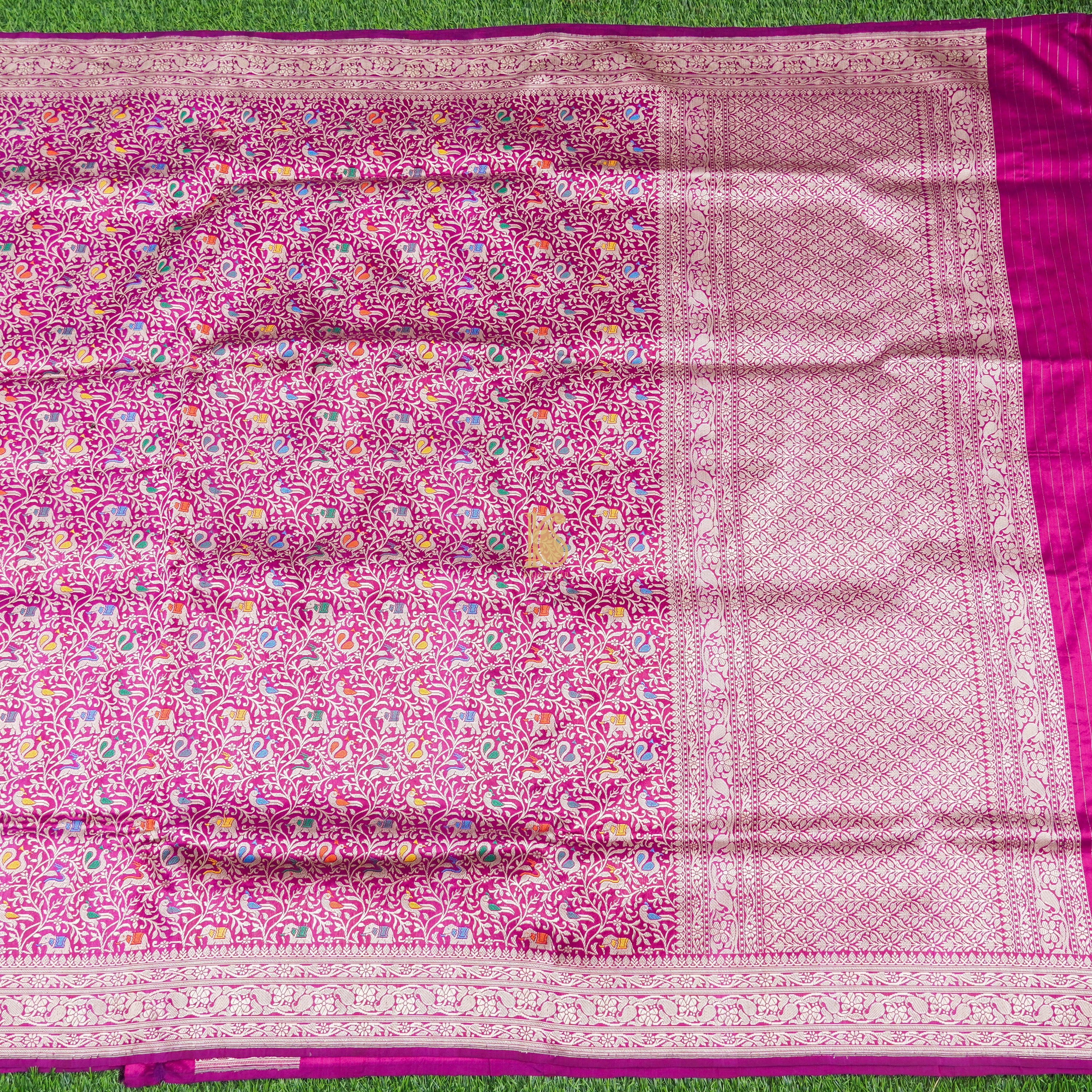 Handloom Katan Silk Violet Red Banarasi Shikargah Saree - Khinkhwab