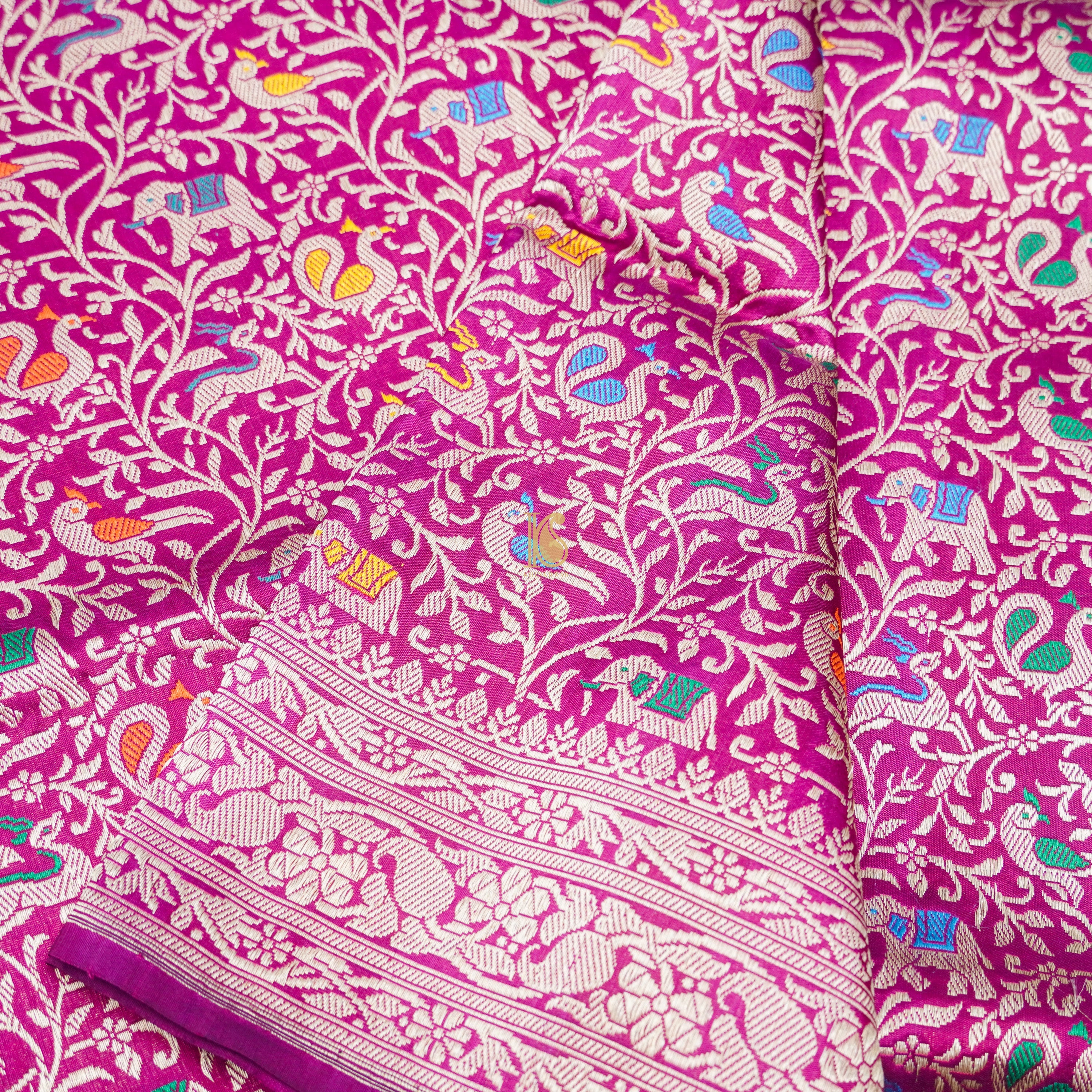 Handloom Katan Silk Violet Red Banarasi Shikargah Saree - Khinkhwab