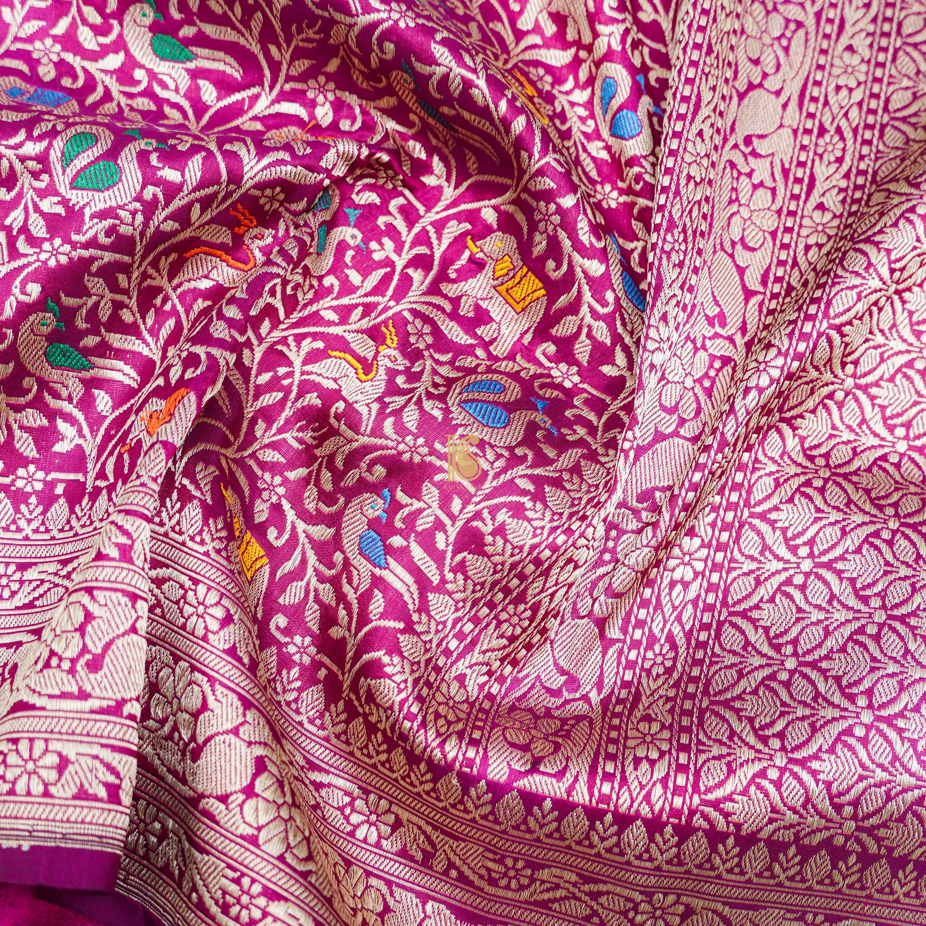Handloom Katan Silk Violet Red Banarasi Shikargah Saree - Khinkhwab