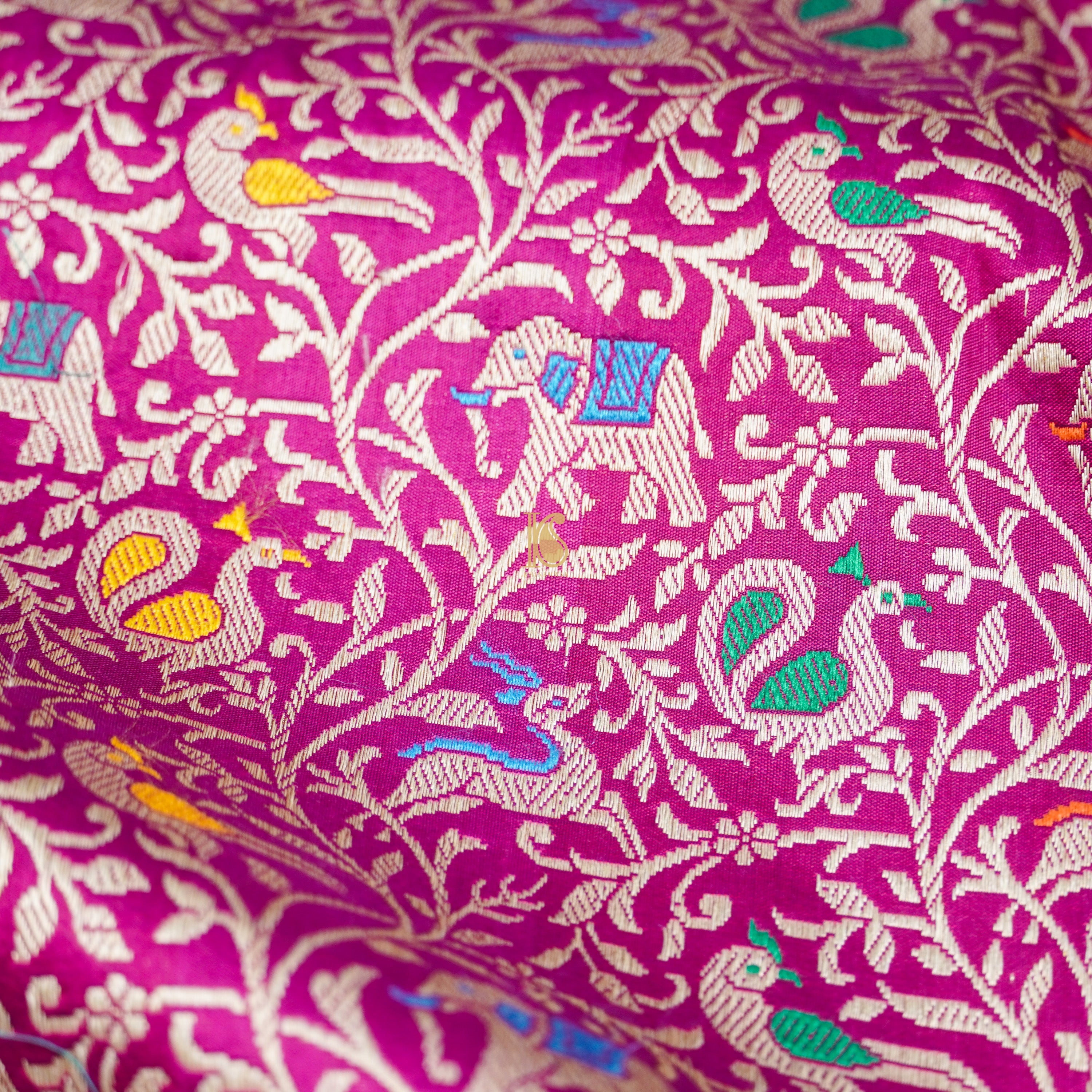 Handloom Katan Silk Violet Red Banarasi Shikargah Saree - Khinkhwab