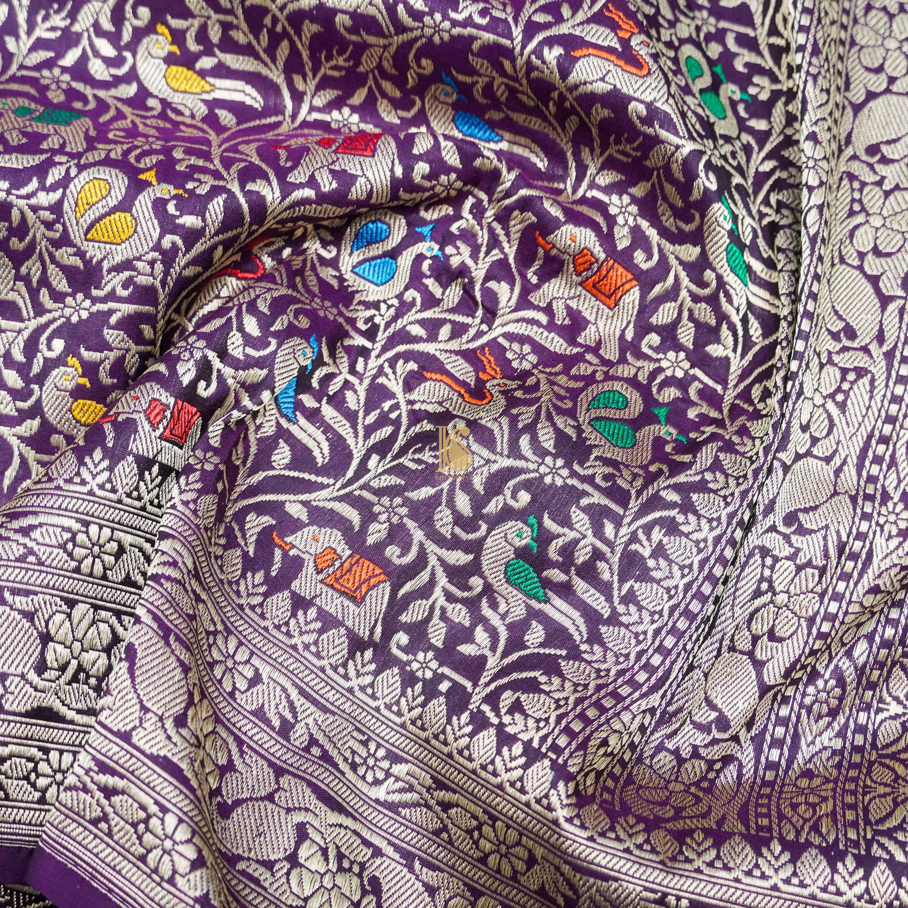 Handloom Katan Silk Seance Purple Banarasi Shikargah Saree - Khinkhwab