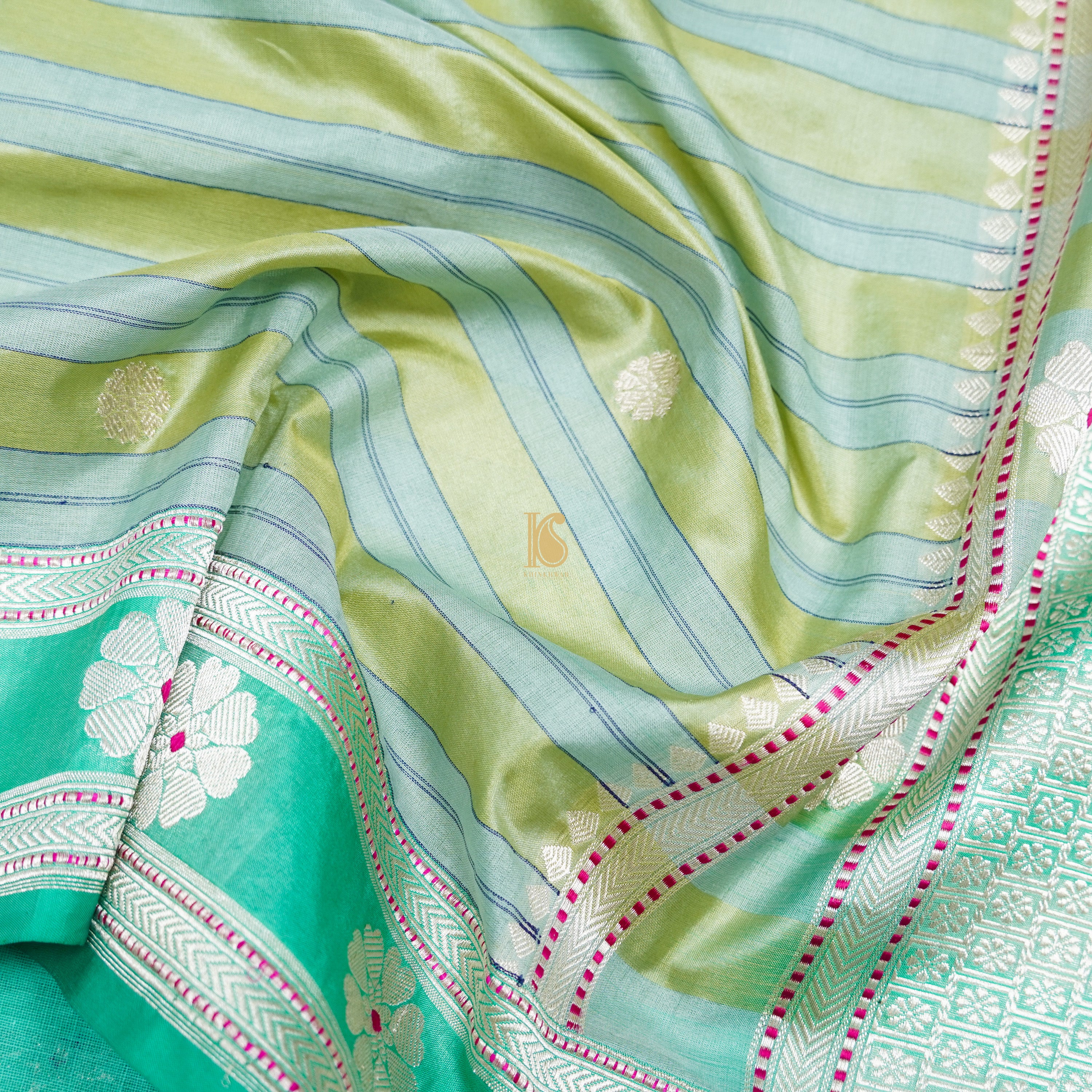 Handwoven Turquoise Blue Pure Kora Mashru Silk Banarasi Saree - Khinkhwab
