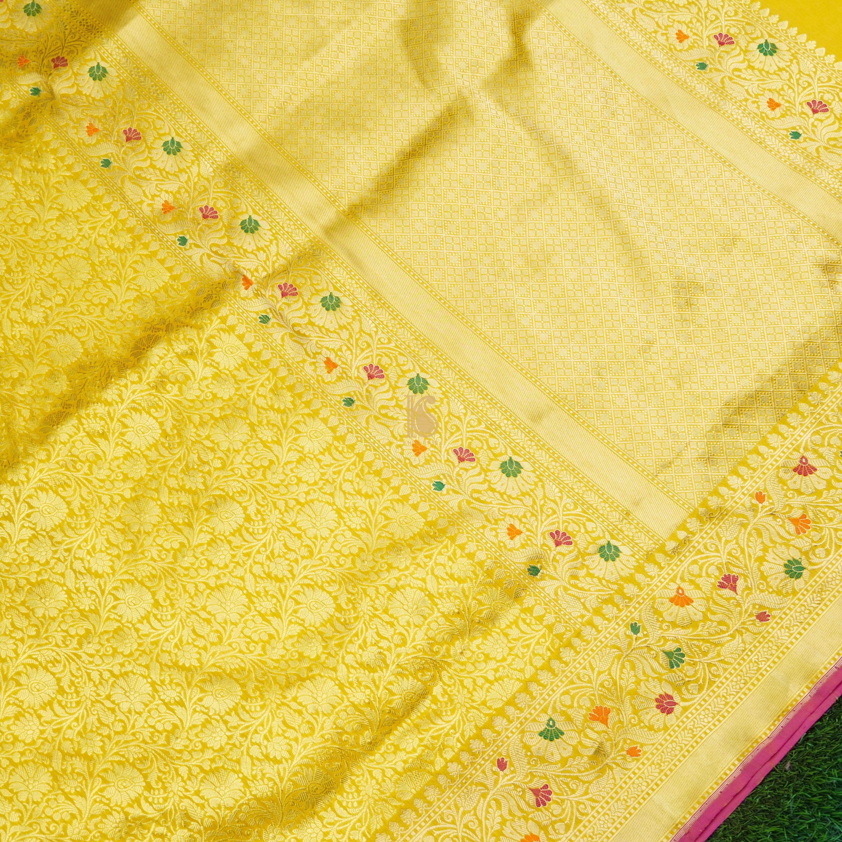 Handloom Pure Katan Silk Yellow Tanchoi Banarasi Saree - Khinkhwab