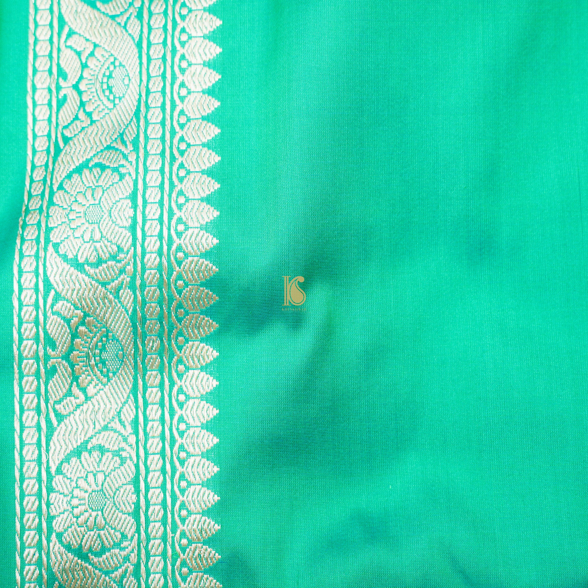 Caribbean Green Katan Silk Handloom Banarasi Kadwa Jangla Saree - Khinkhwab