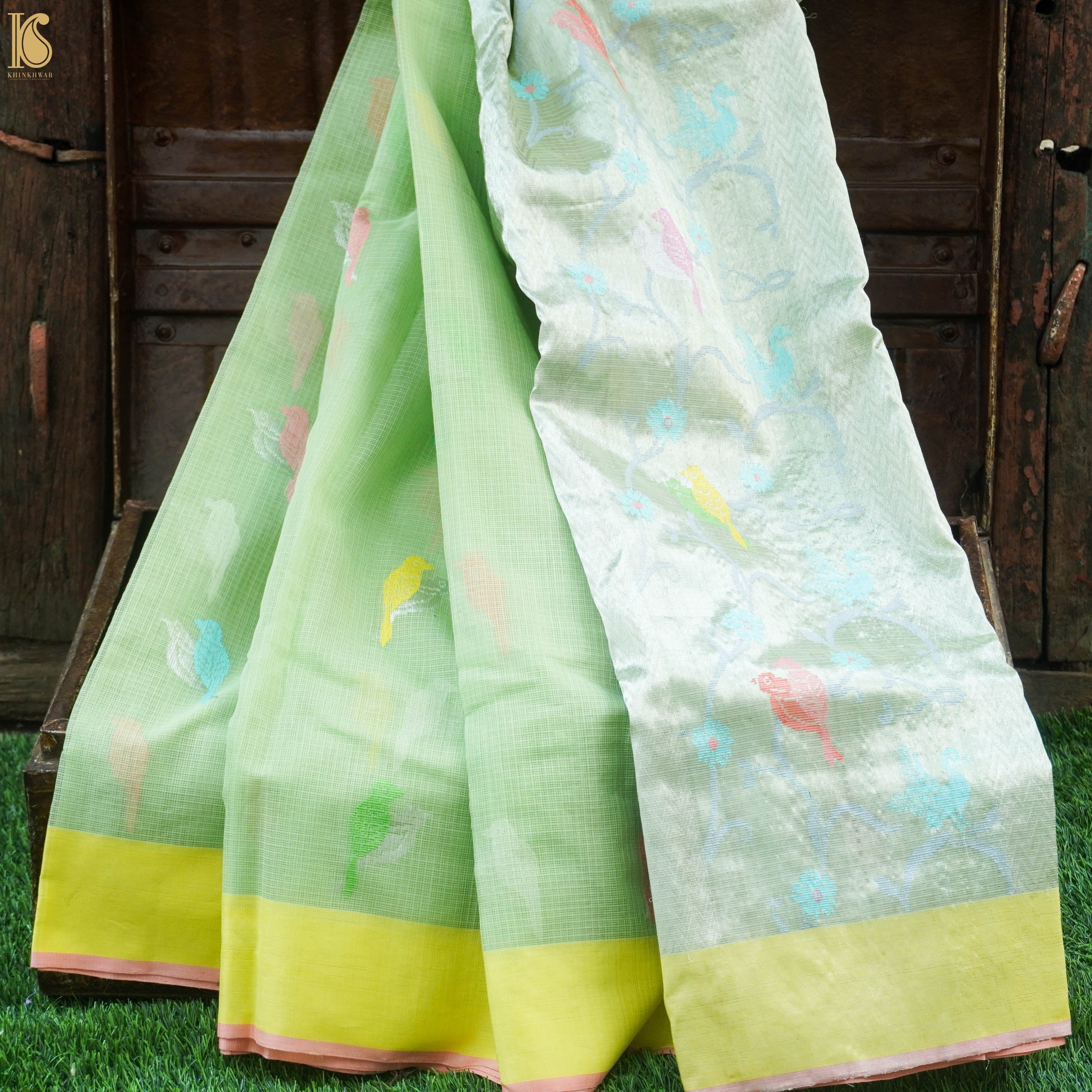 Handwoven Light Green Real Zari Kota Silk Saree - Khinkhwab