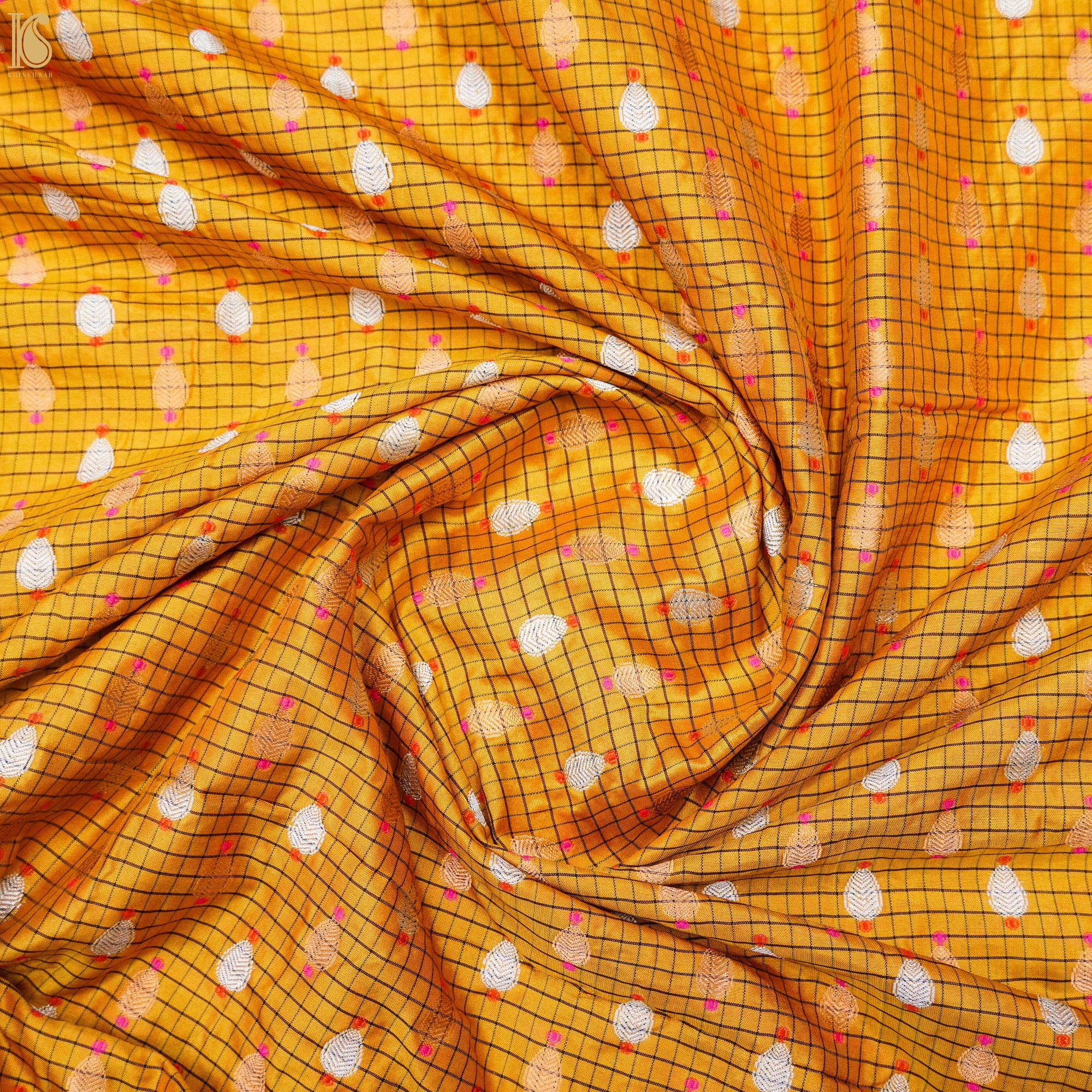 Yellow Sea Pure Katan Silk Banarasi Check Fabric - Khinkhwab
