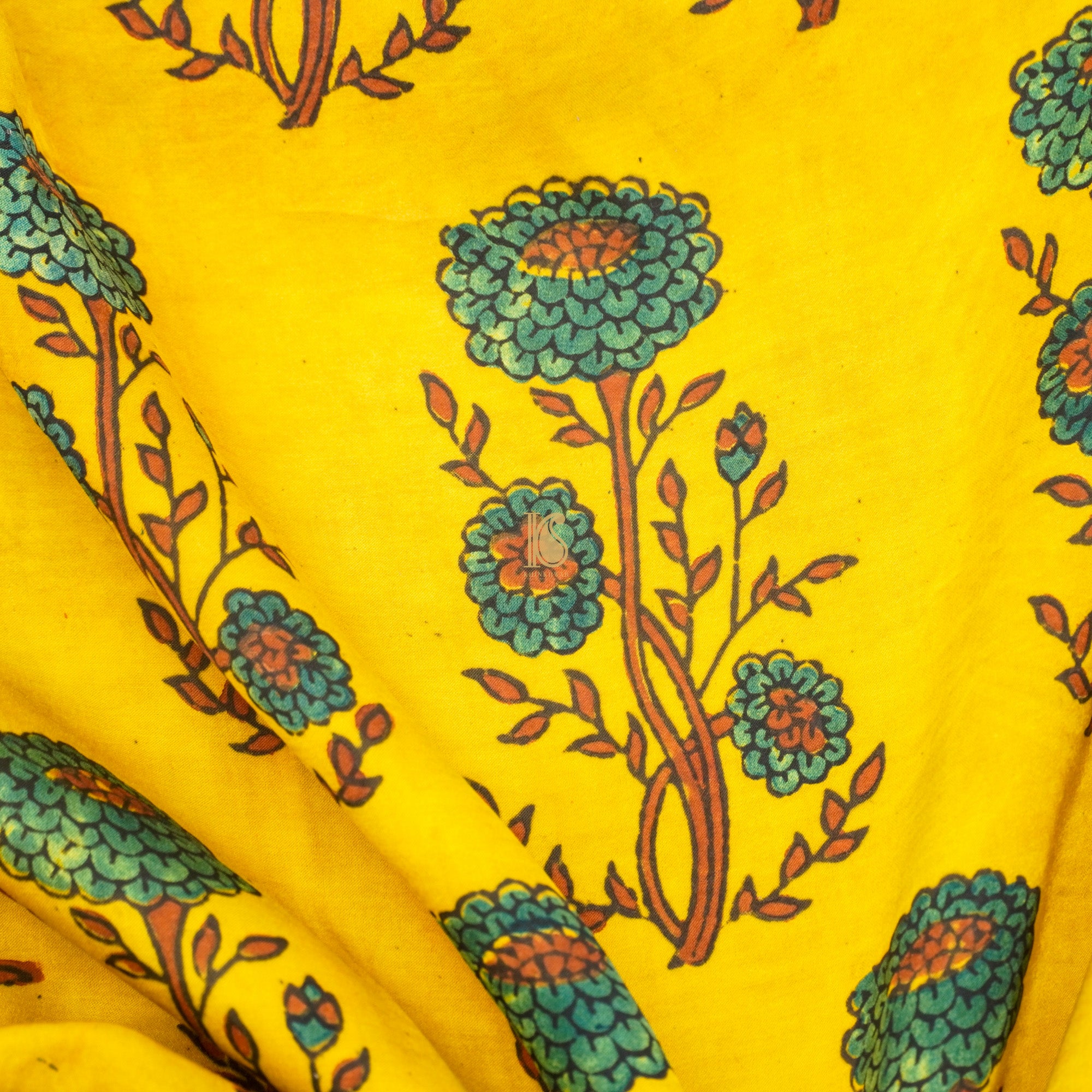Gold Yellow Hand Block Ajrakh Modal Silk Fabric - Khinkhwab