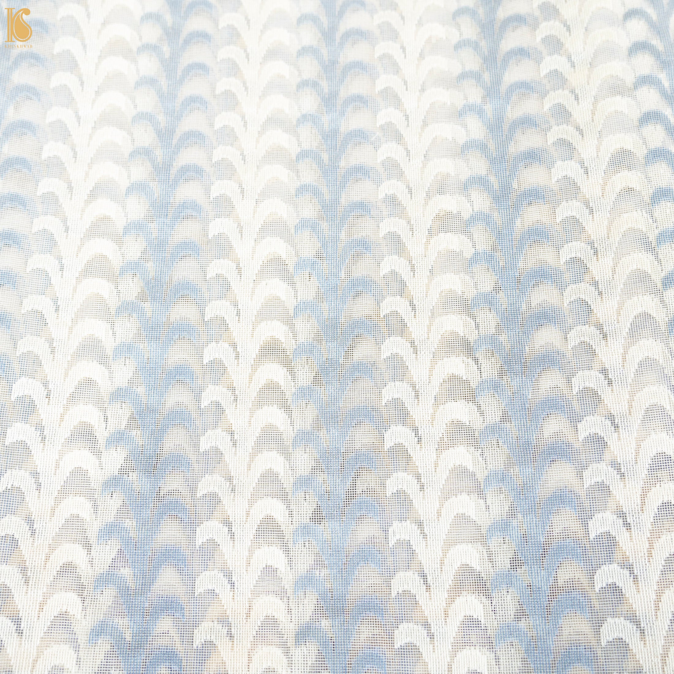 Blue & White Pure Net Banarasi Handwoven Fabric - Khinkhwab