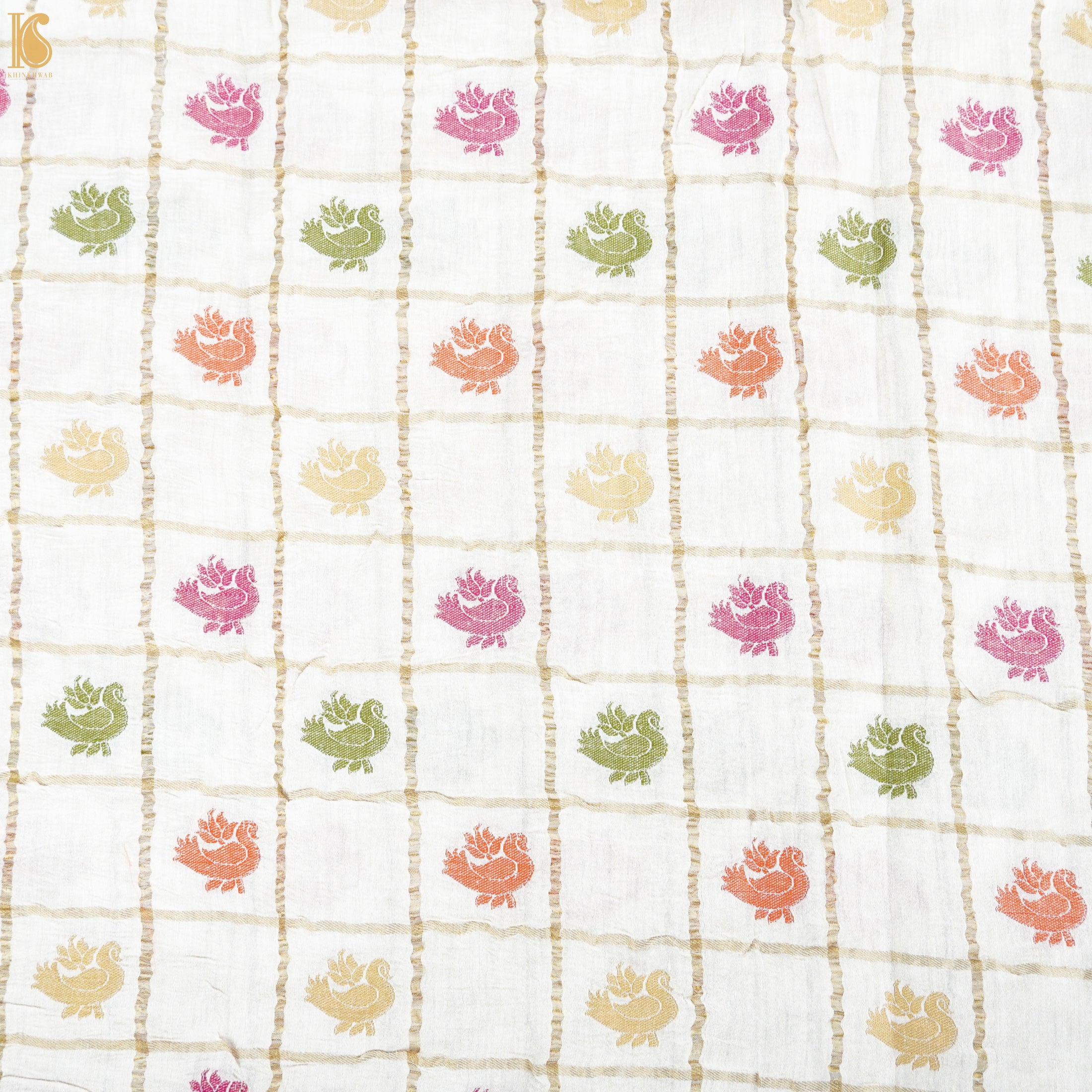 Beige Pure Moonga Silk Handloom Banarasi Meenakari Peacock Fabric - Khinkhwab