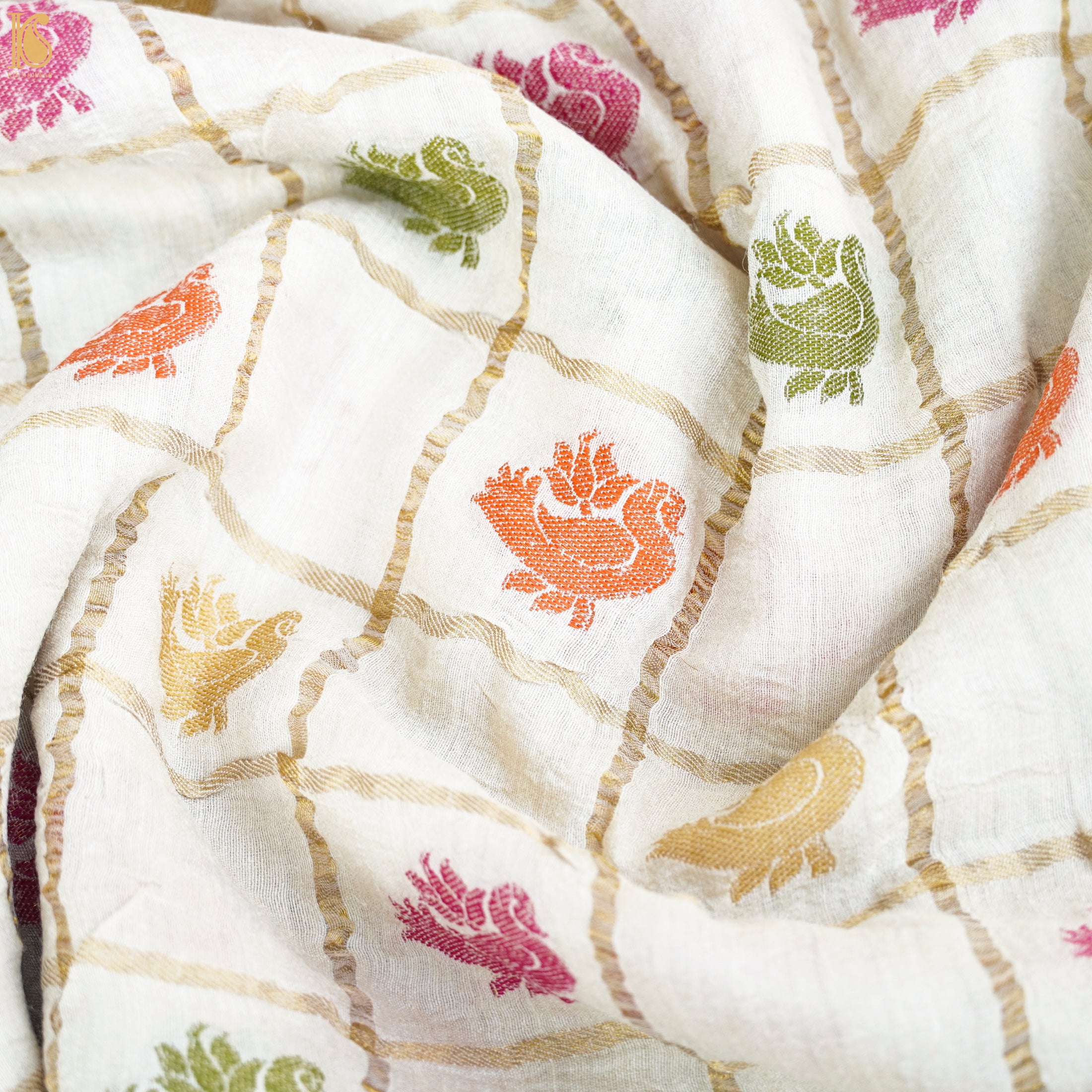 Beige Pure Moonga Silk Handloom Banarasi Meenakari Peacock Fabric - Khinkhwab
