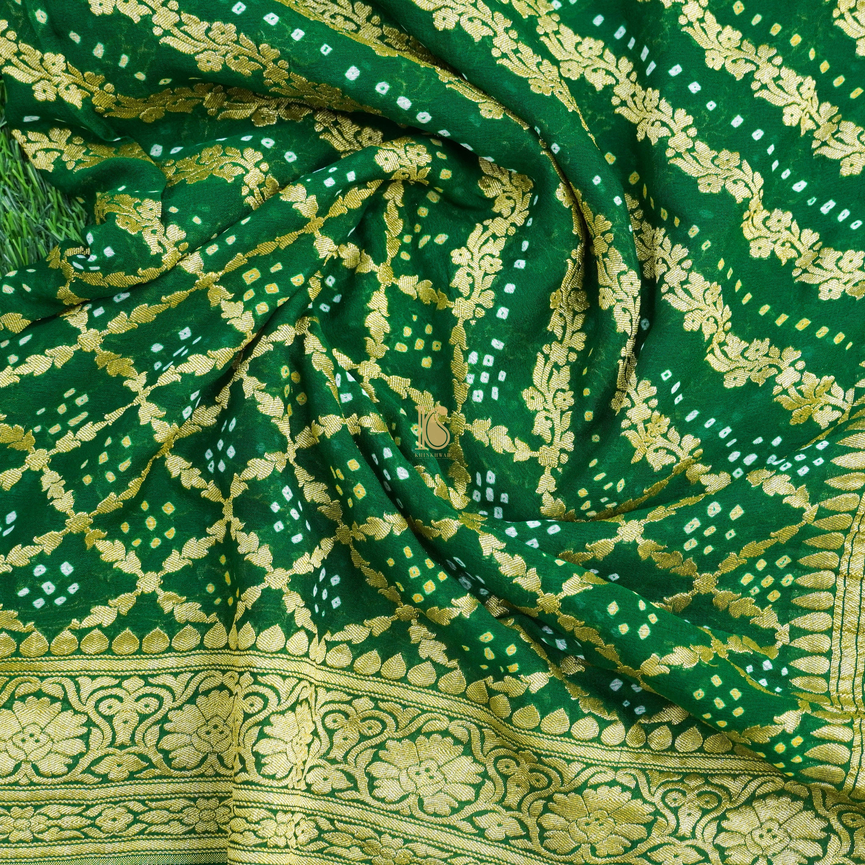 Green Pure Georgette Handloom Banarasi Bandhani Saree - Khinkhwab
