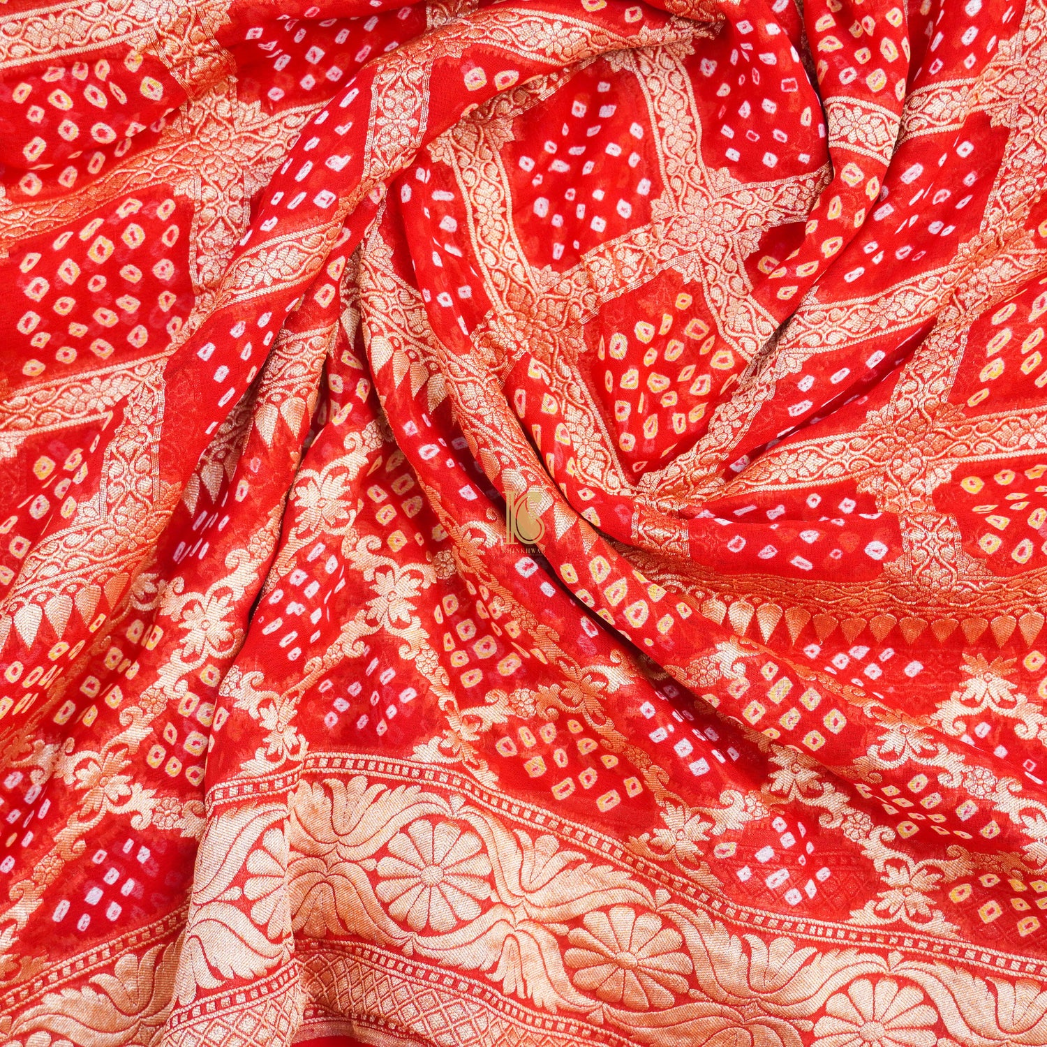 Red Pure Georgette Handloom Banarasi Bandhani Saree - Khinkhwab