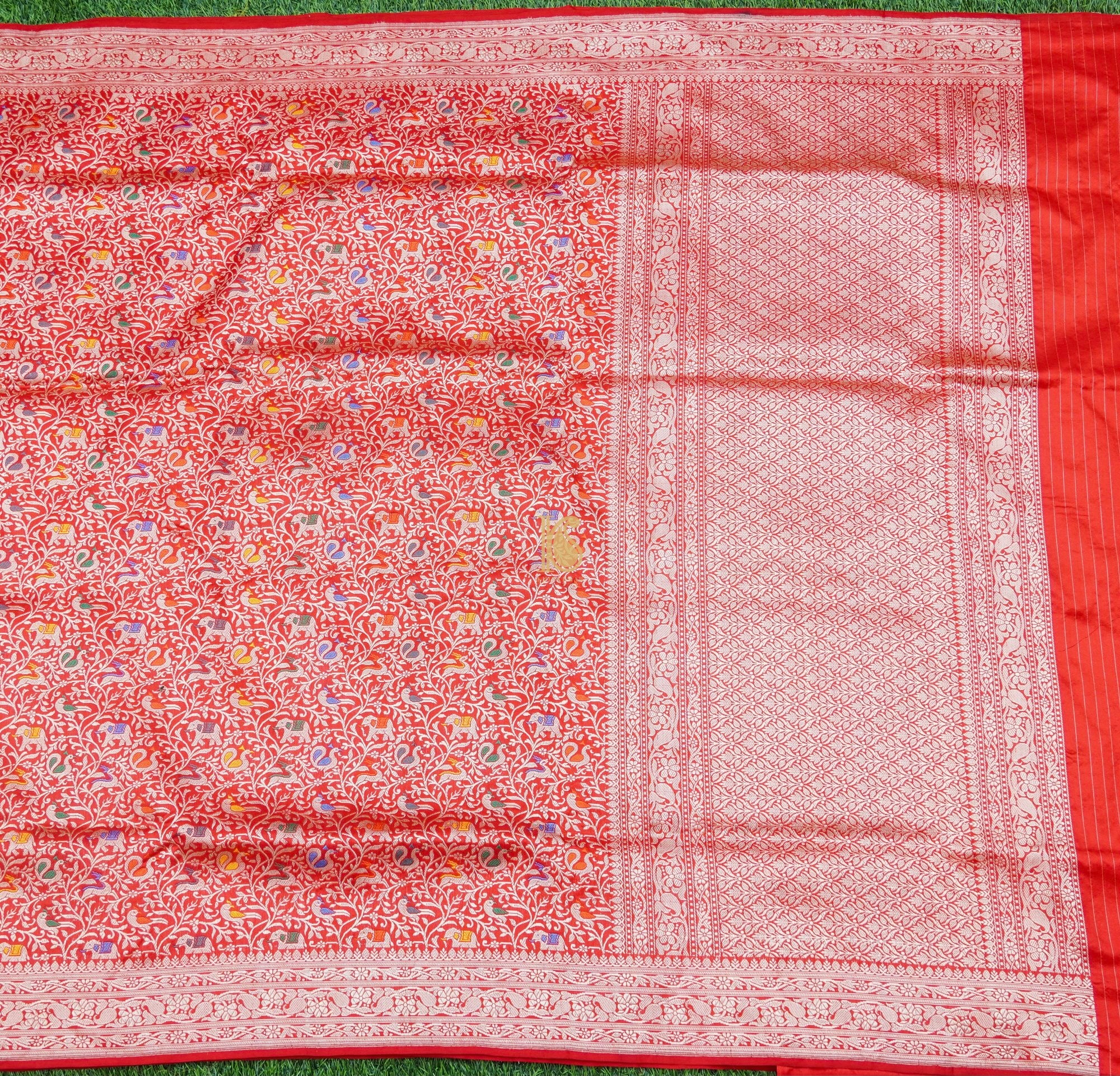 Handloom Katan Silk Cinnabar Banarasi Shikargah Saree - Khinkhwab