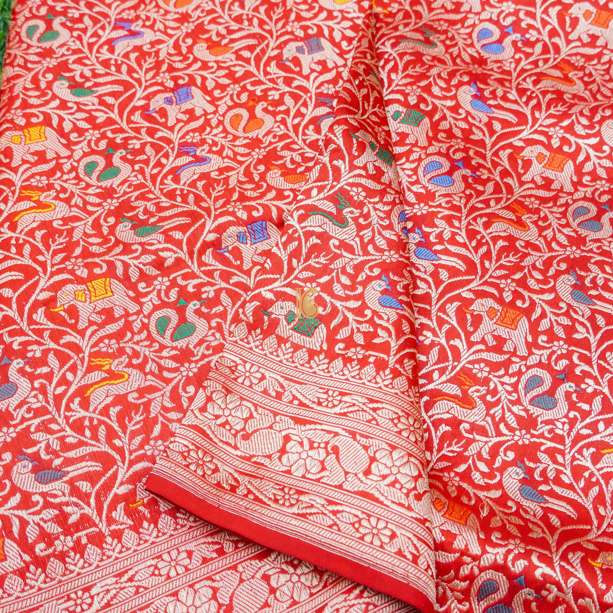 Handloom Katan Silk Cinnabar Banarasi Shikargah Saree - Khinkhwab