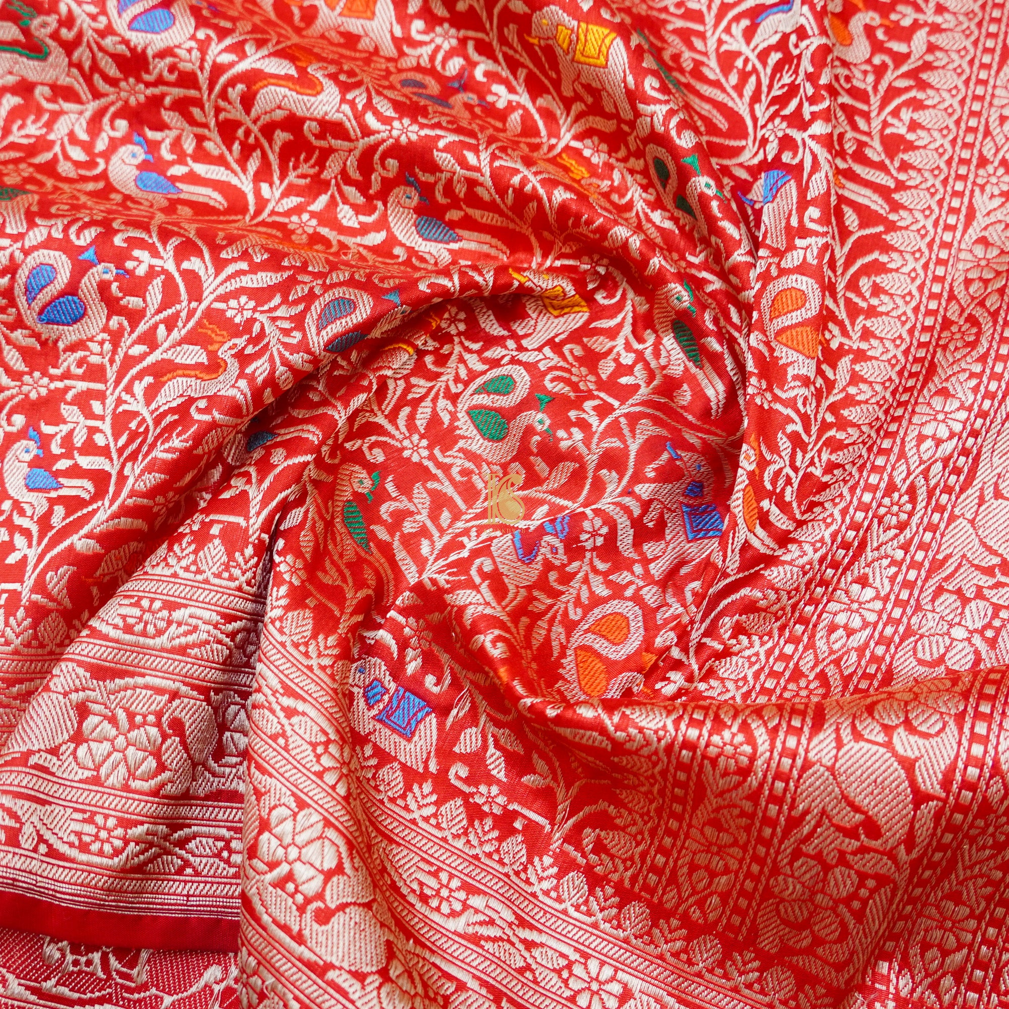 Handloom Katan Silk Cinnabar Banarasi Shikargah Saree - Khinkhwab