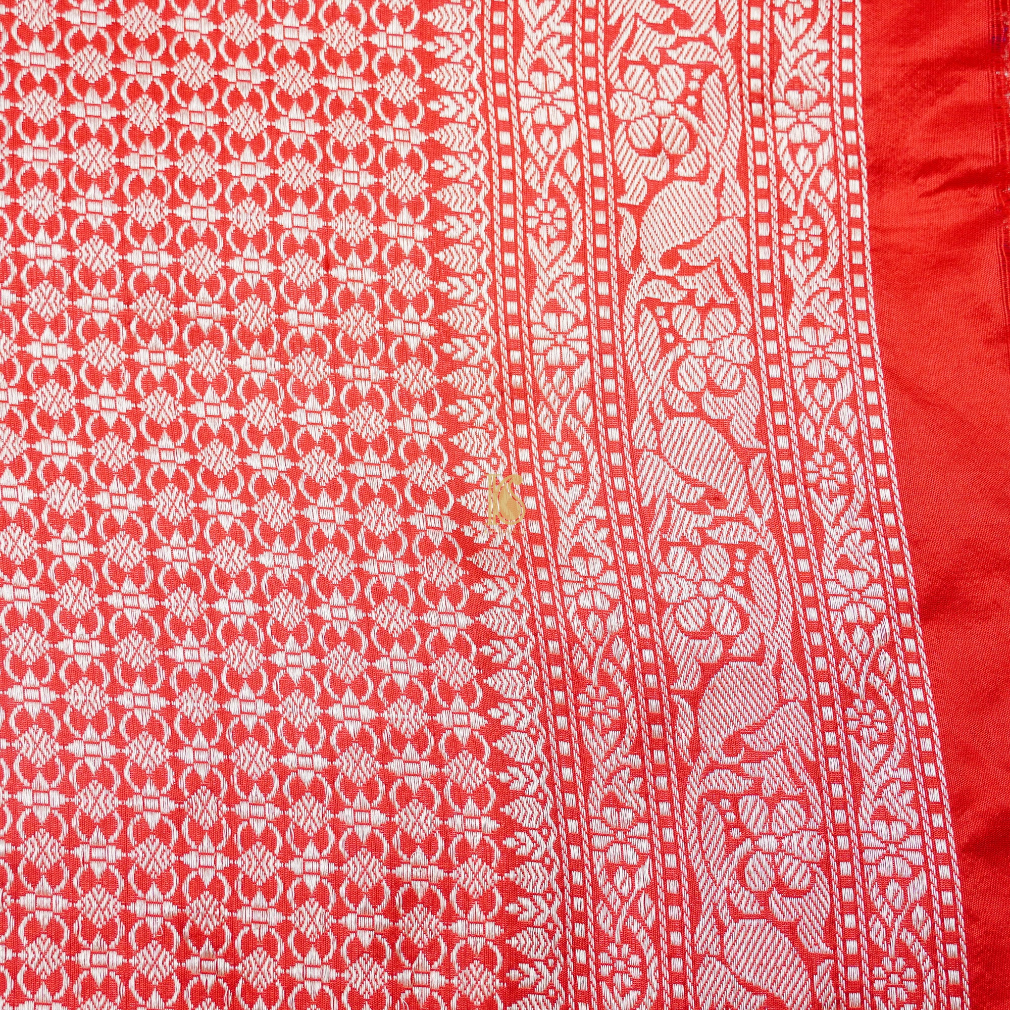 Handloom Katan Silk Cinnabar Banarasi Shikargah Saree - Khinkhwab