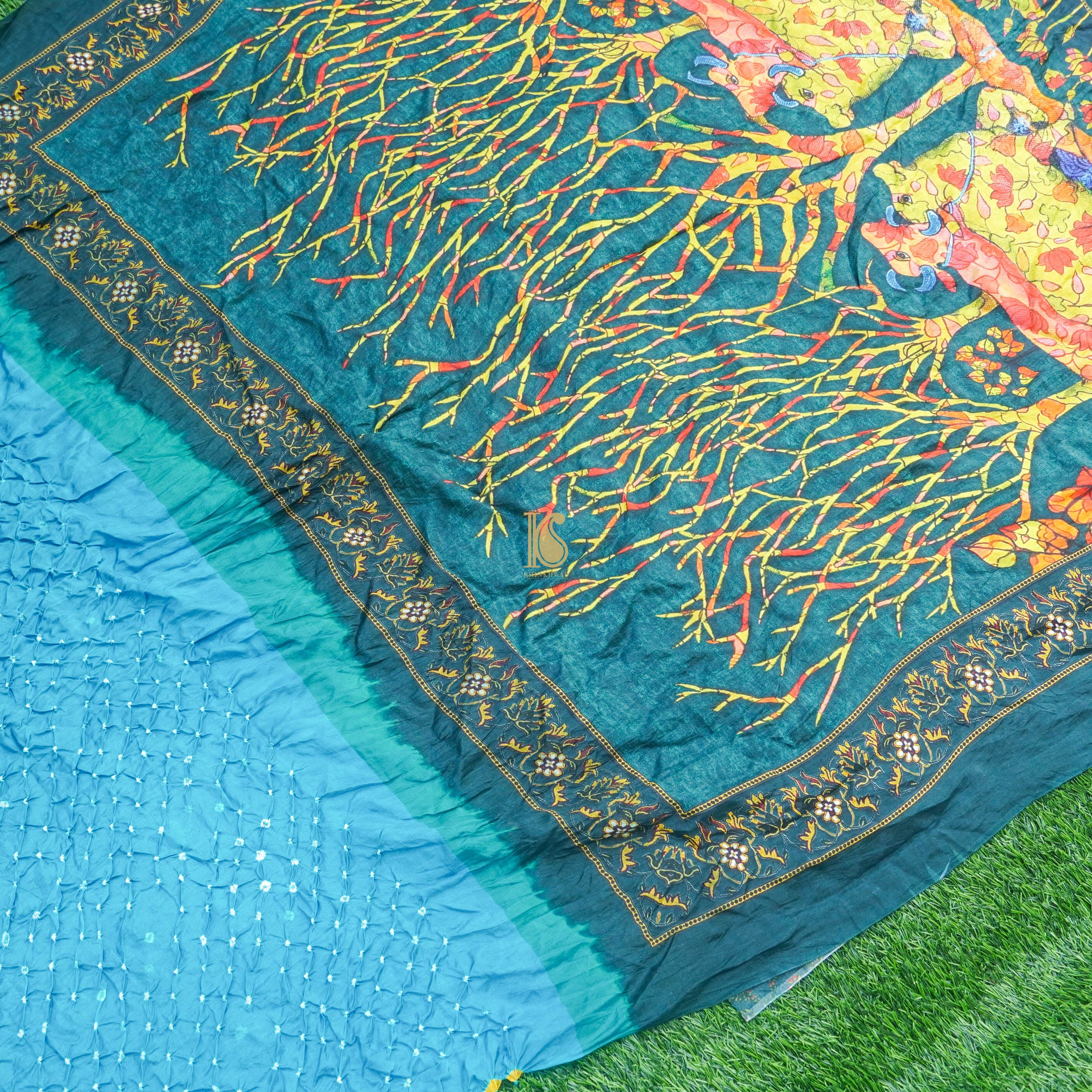Blue Handwoven Bandhani Pure Habutai Silk Saree with Print - Khinkhwab