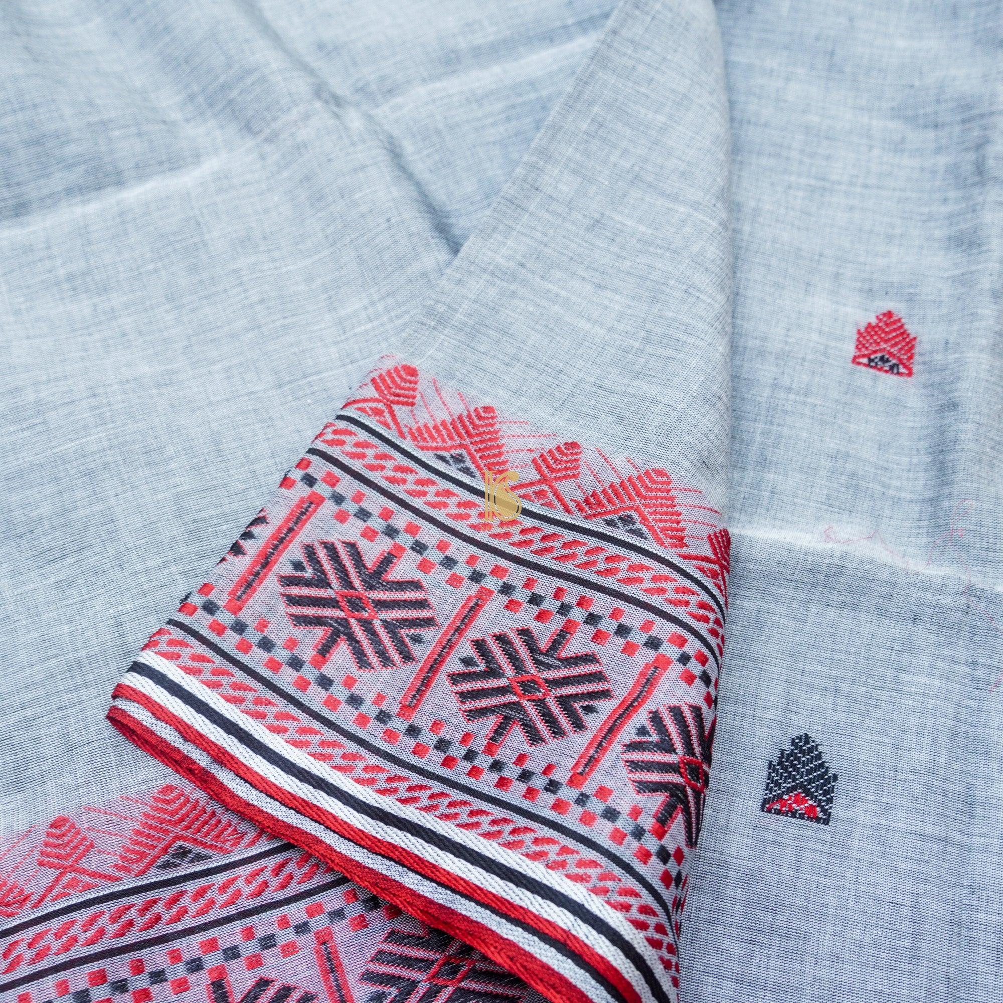 Spindle Grey Mercerized Cotton Handloom Assam Saree - Khinkhwab