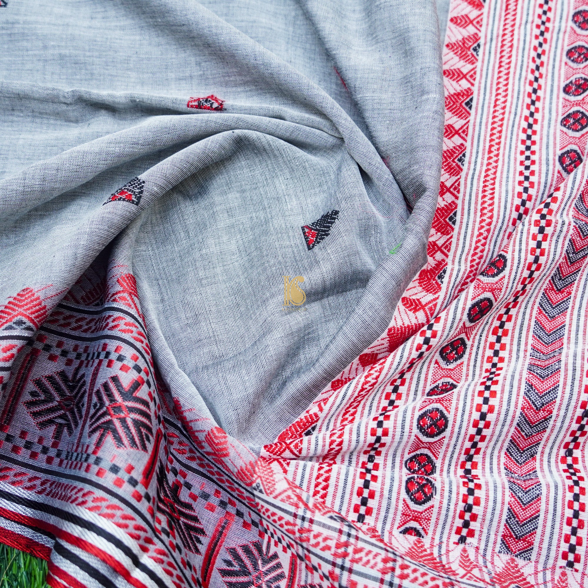 Spindle Grey Mercerized Cotton Handloom Assam Saree - Khinkhwab