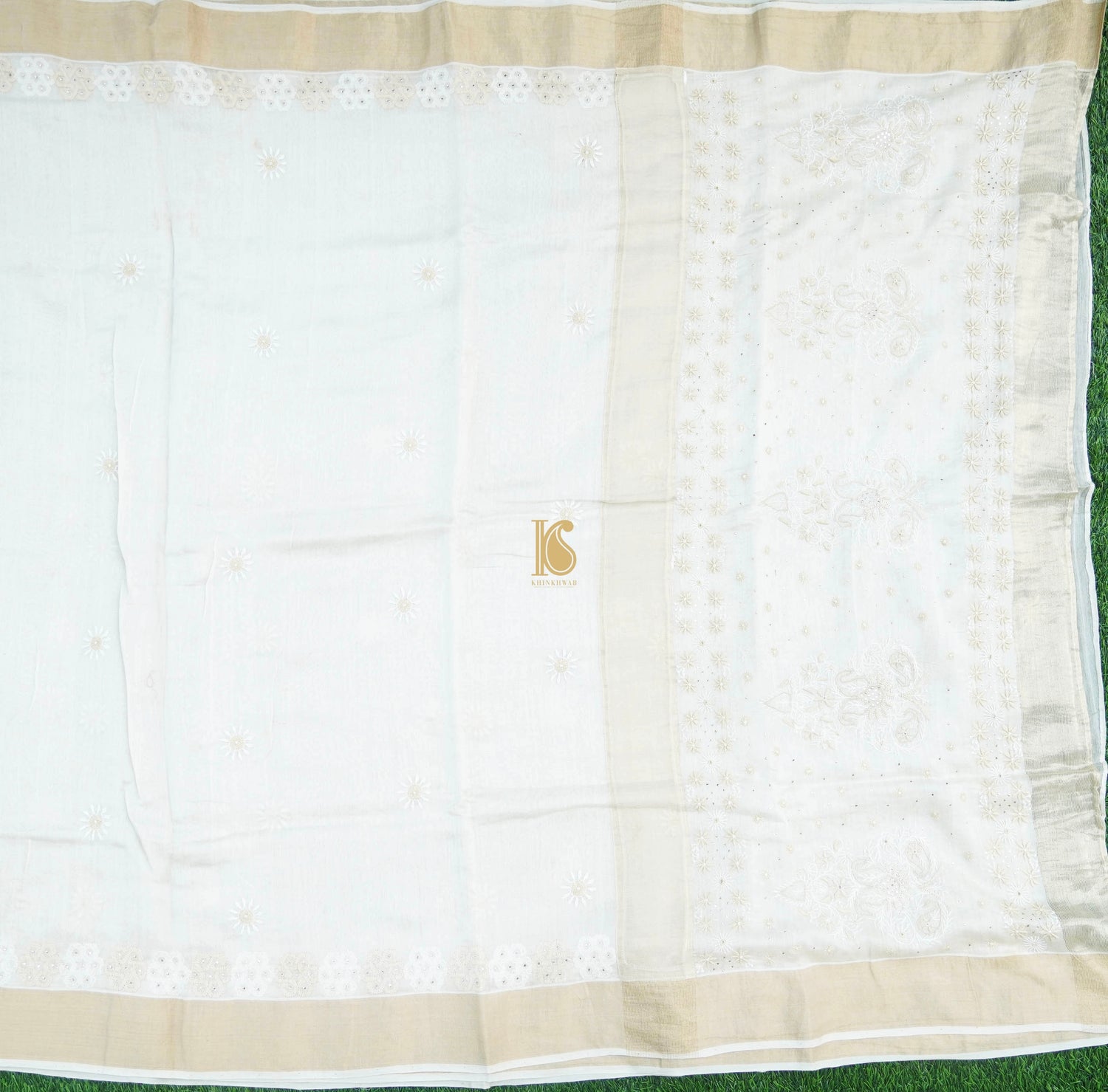 White Pure Chanderi Silk Chikankari Saree - Khinkhwab