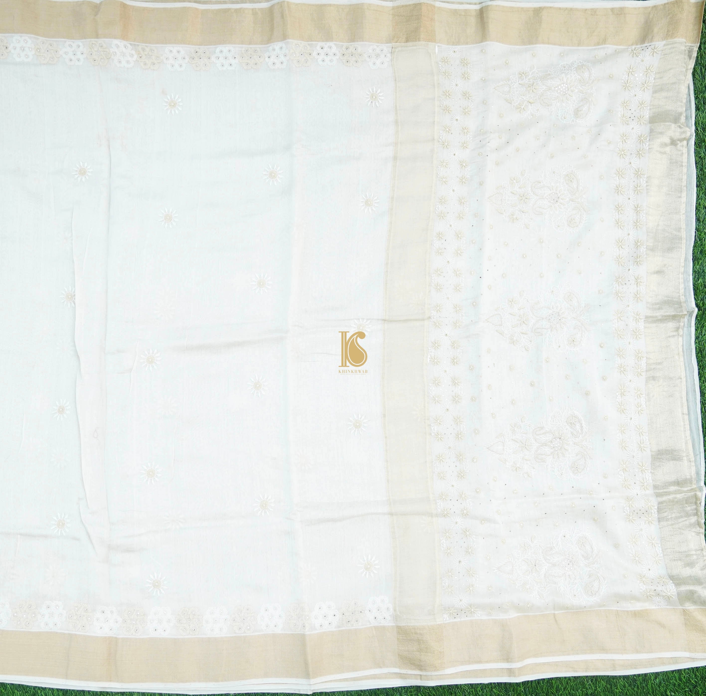 White Pure Chanderi Silk Chikankari Saree - Khinkhwab