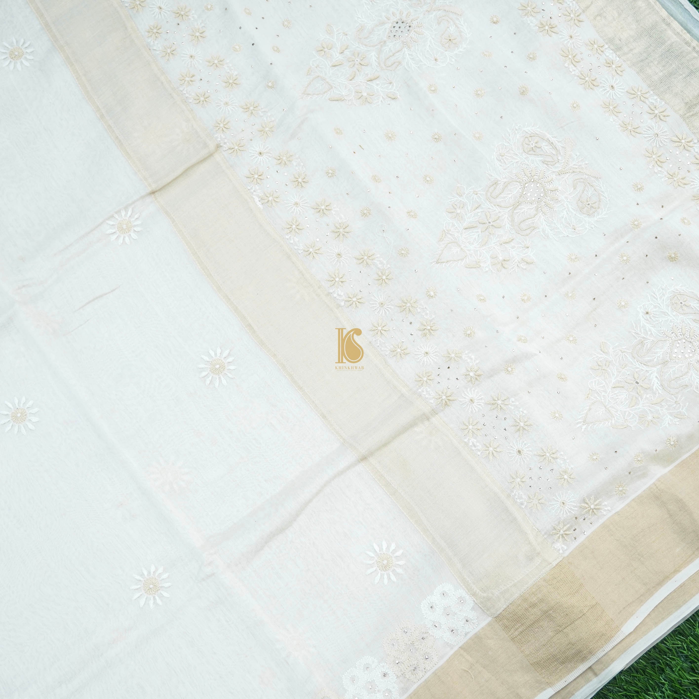 White Pure Chanderi Silk Chikankari Saree - Khinkhwab