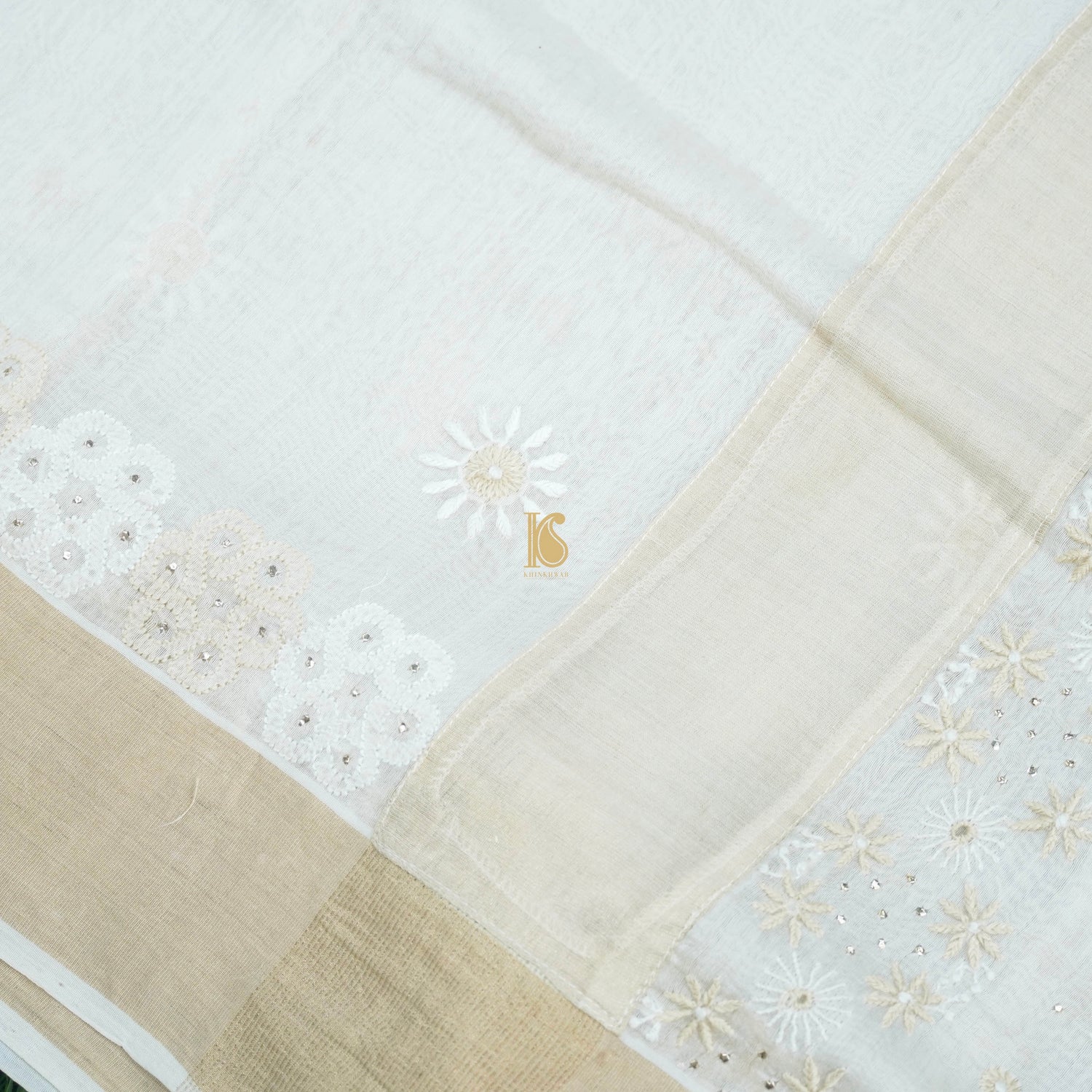 White Pure Chanderi Silk Chikankari Saree - Khinkhwab