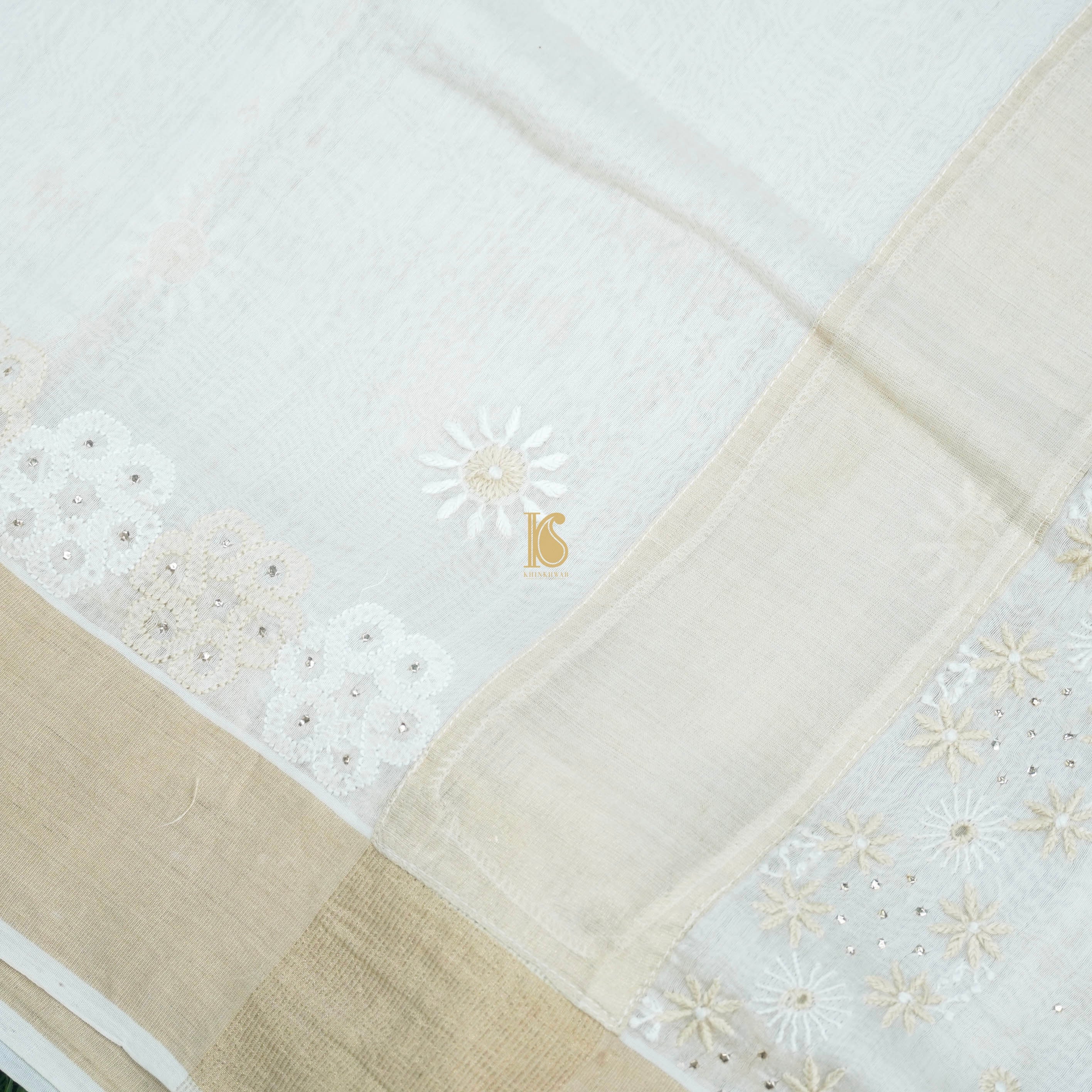 White Pure Chanderi Silk Chikankari Saree - Khinkhwab