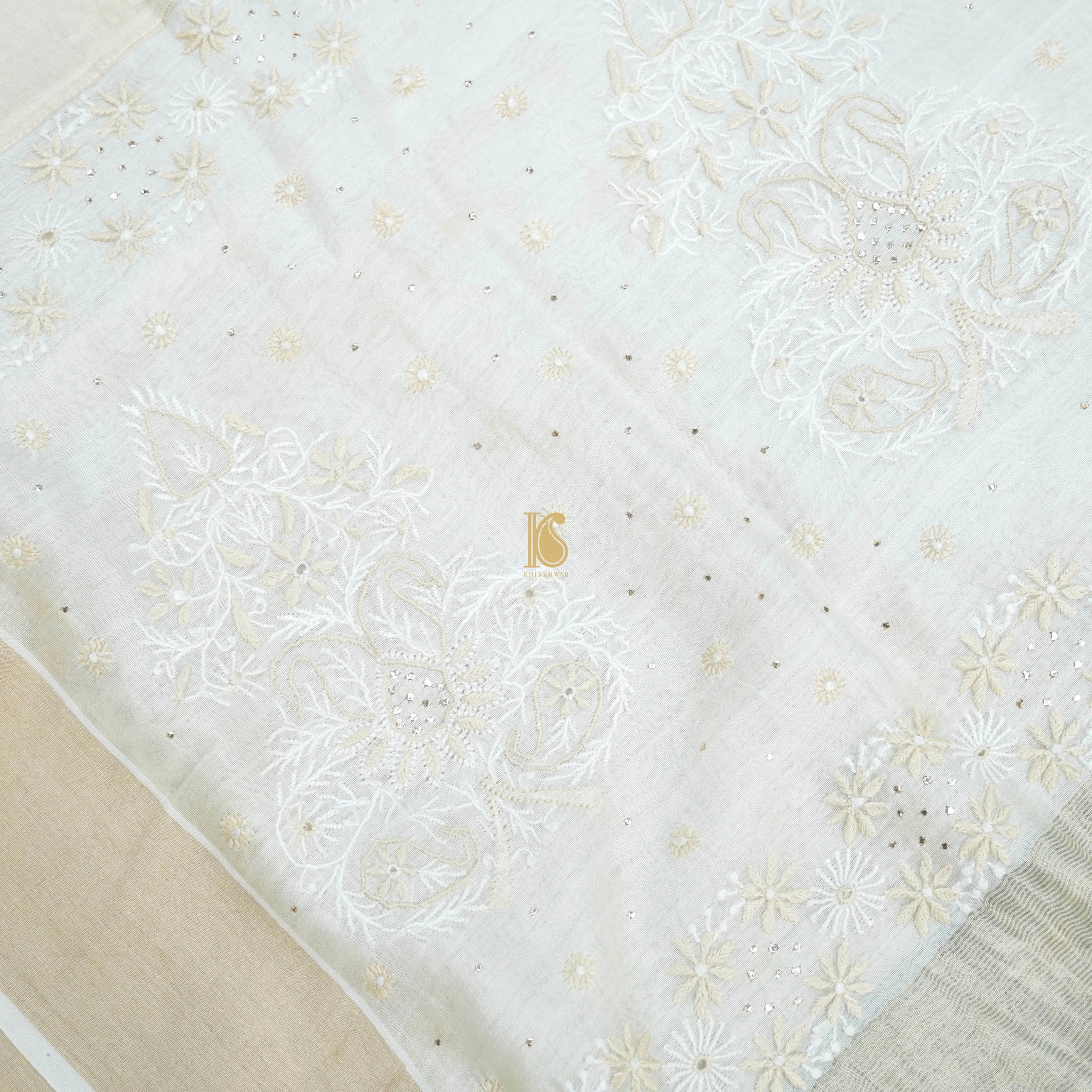 White Pure Chanderi Silk Chikankari Saree - Khinkhwab