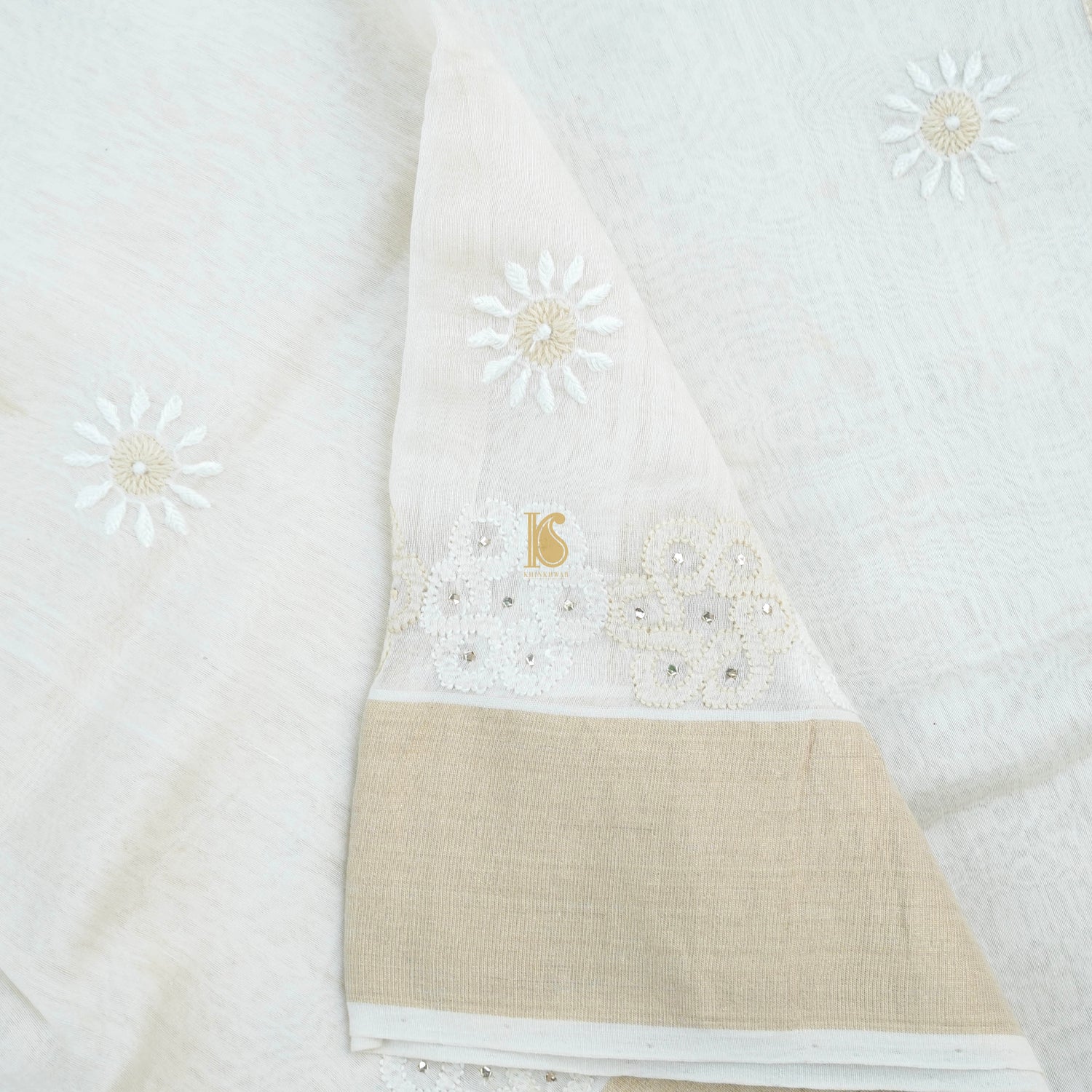 White Pure Chanderi Silk Chikankari Saree - Khinkhwab