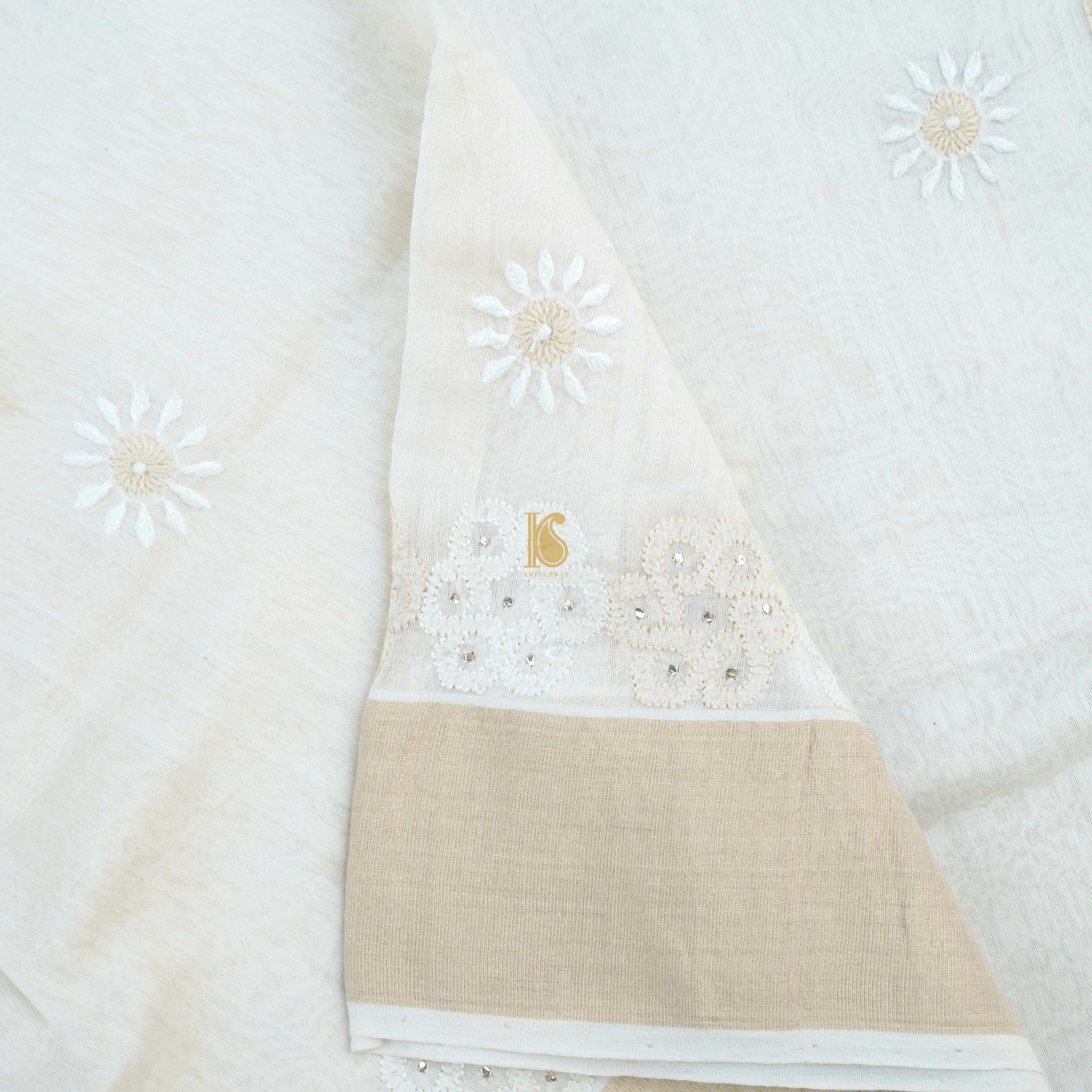 White Pure Chanderi Silk Chikankari Saree - Khinkhwab