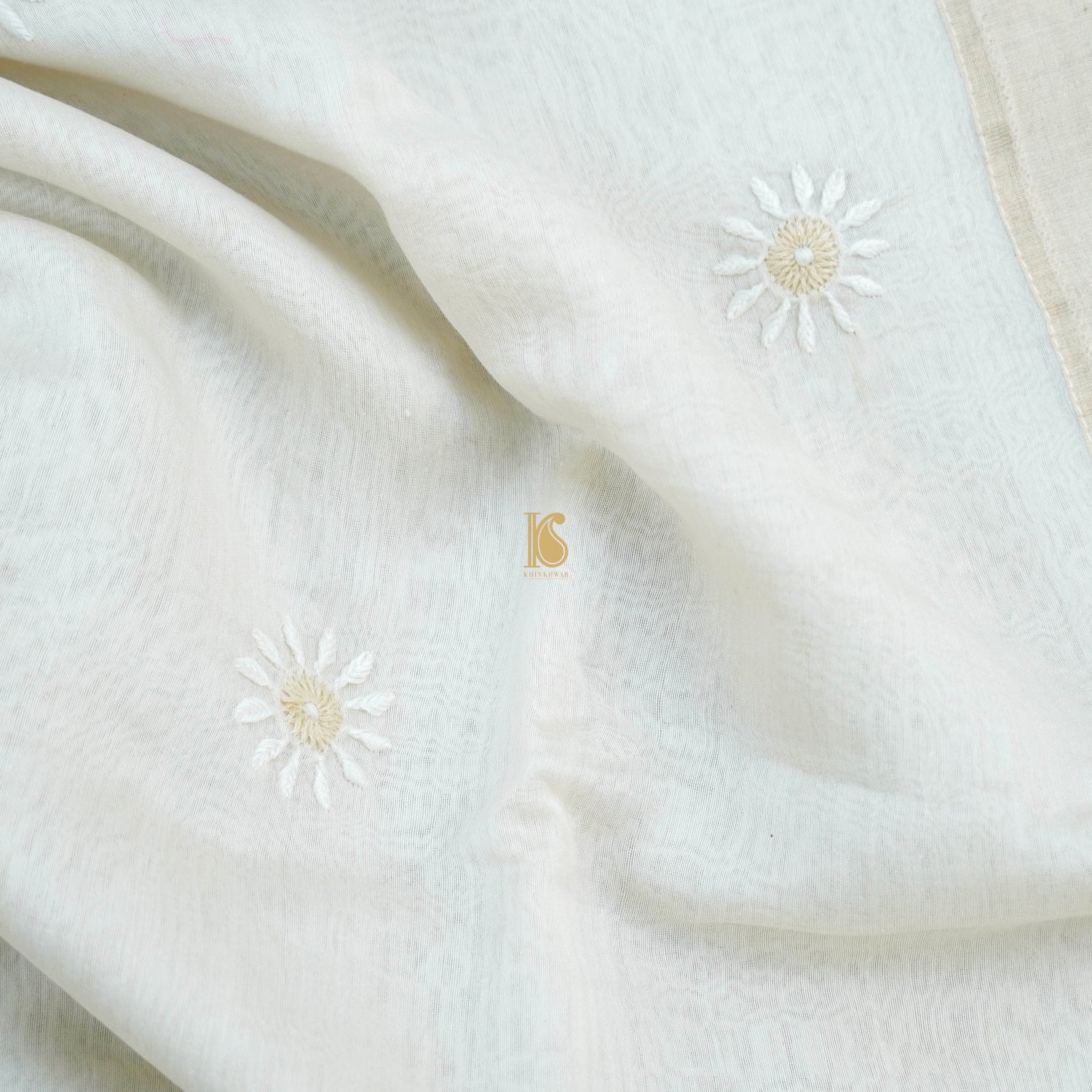 White Pure Chanderi Silk Chikankari Saree - Khinkhwab