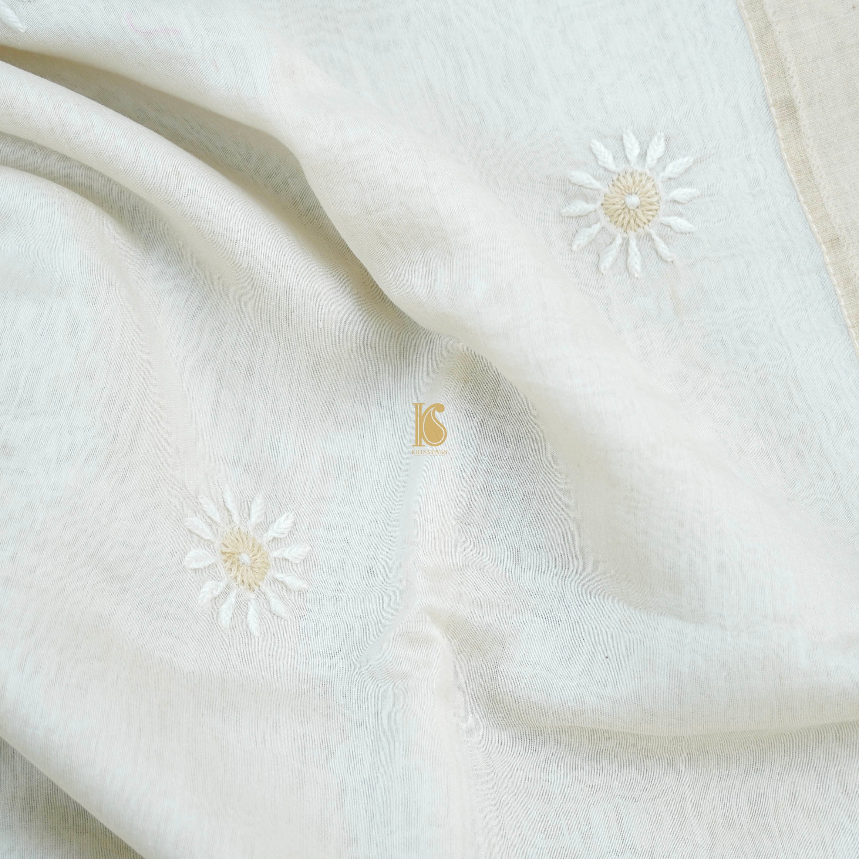 White Pure Chanderi Silk Chikankari Saree - Khinkhwab