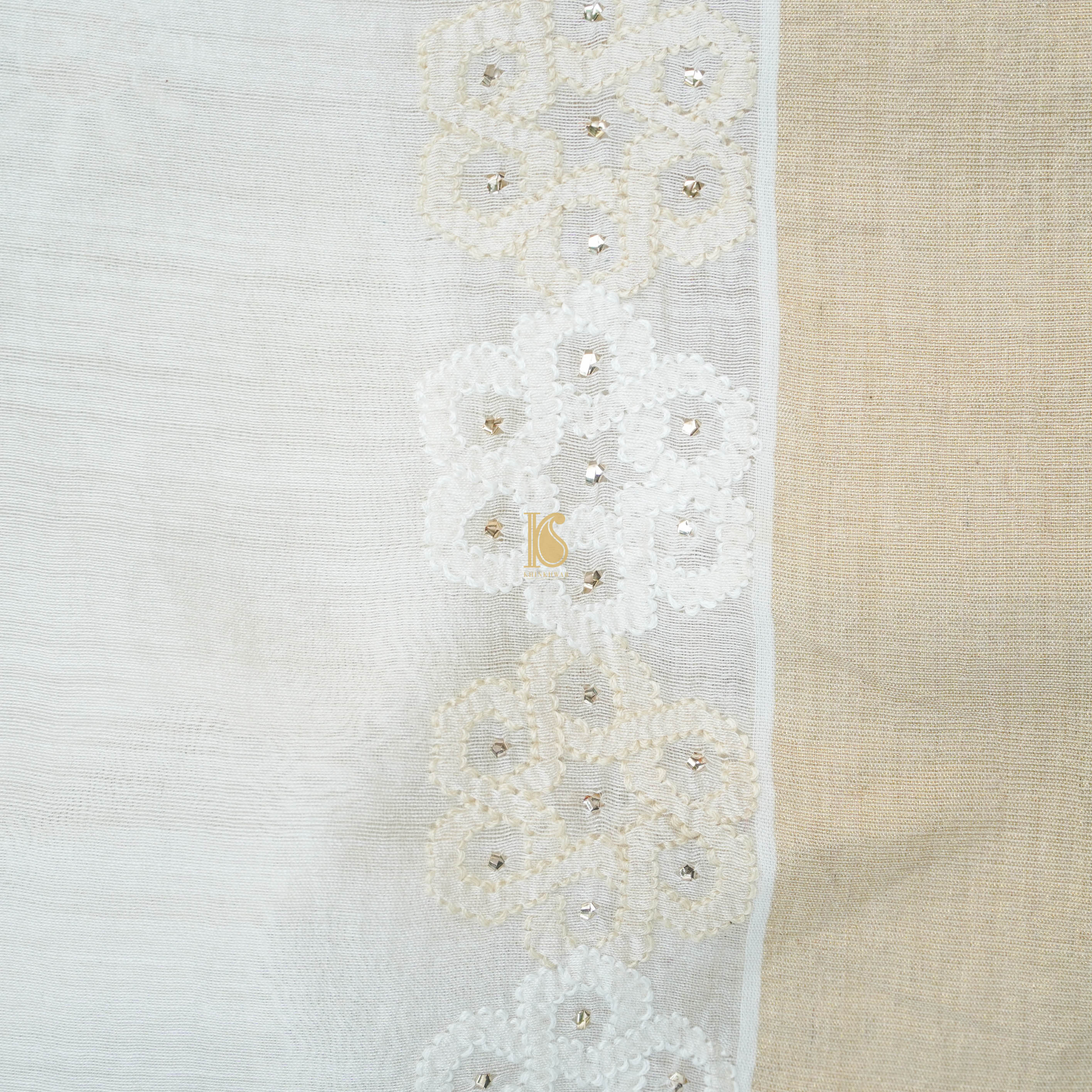 White Pure Chanderi Silk Chikankari Saree - Khinkhwab