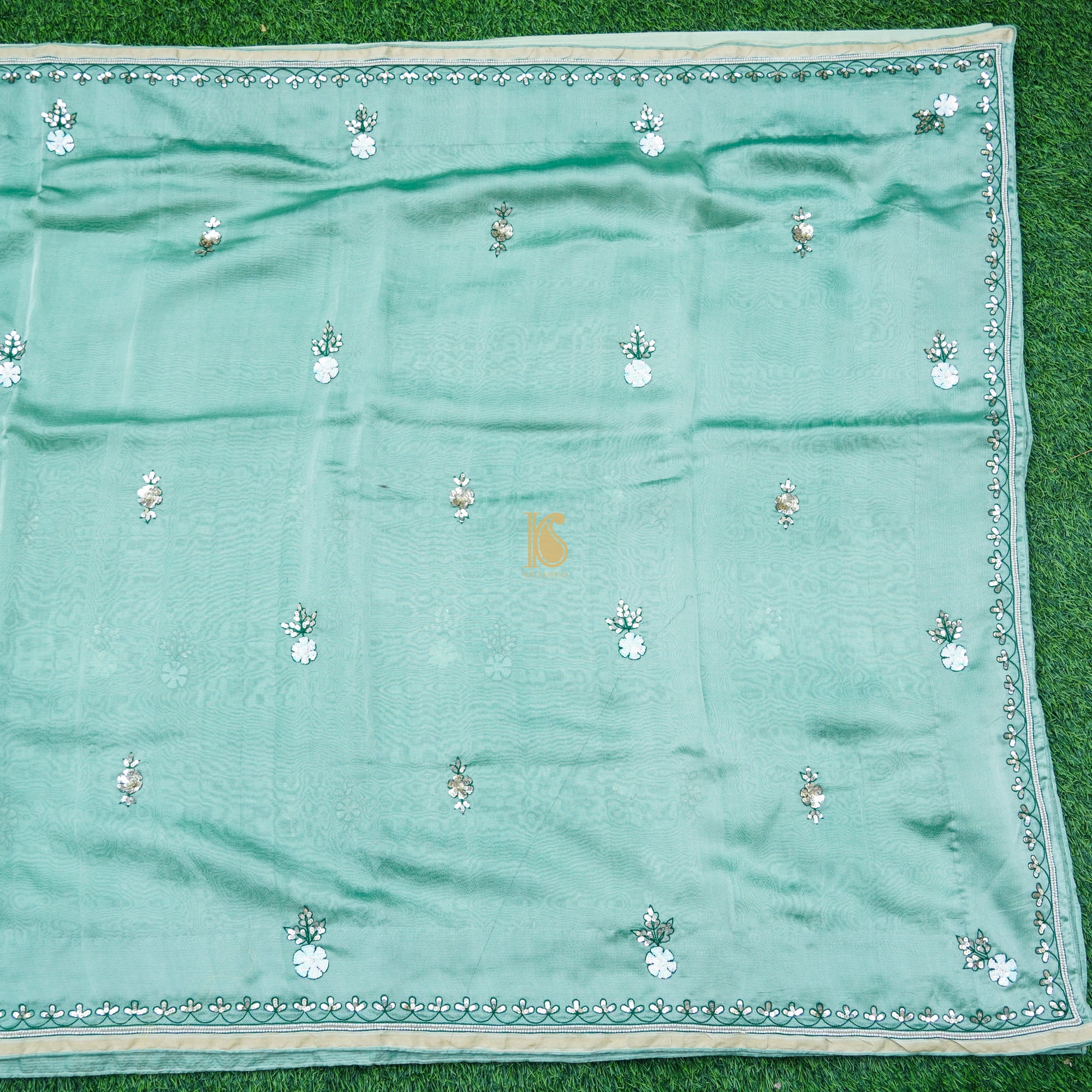 Neptune Green Pure Tissue Silk Pearl & Sequin Embroidery Saree - Khinkhwab