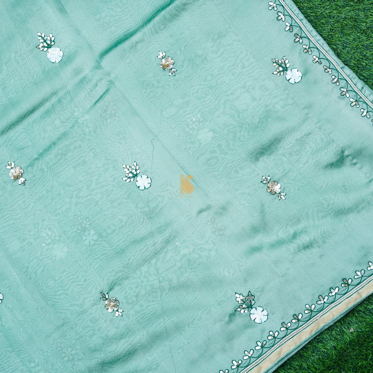 Neptune Green Pure Tissue Silk Pearl & Sequin Embroidery Saree - Khinkhwab
