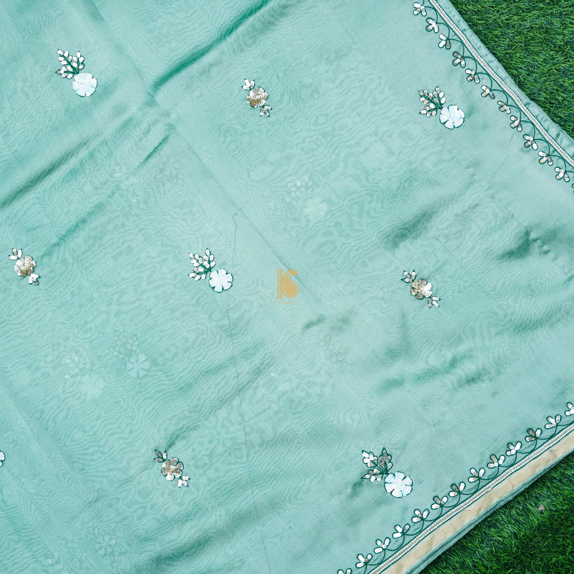 Neptune Green Pure Tissue Silk Pearl & Sequin Embroidery Saree - Khinkhwab