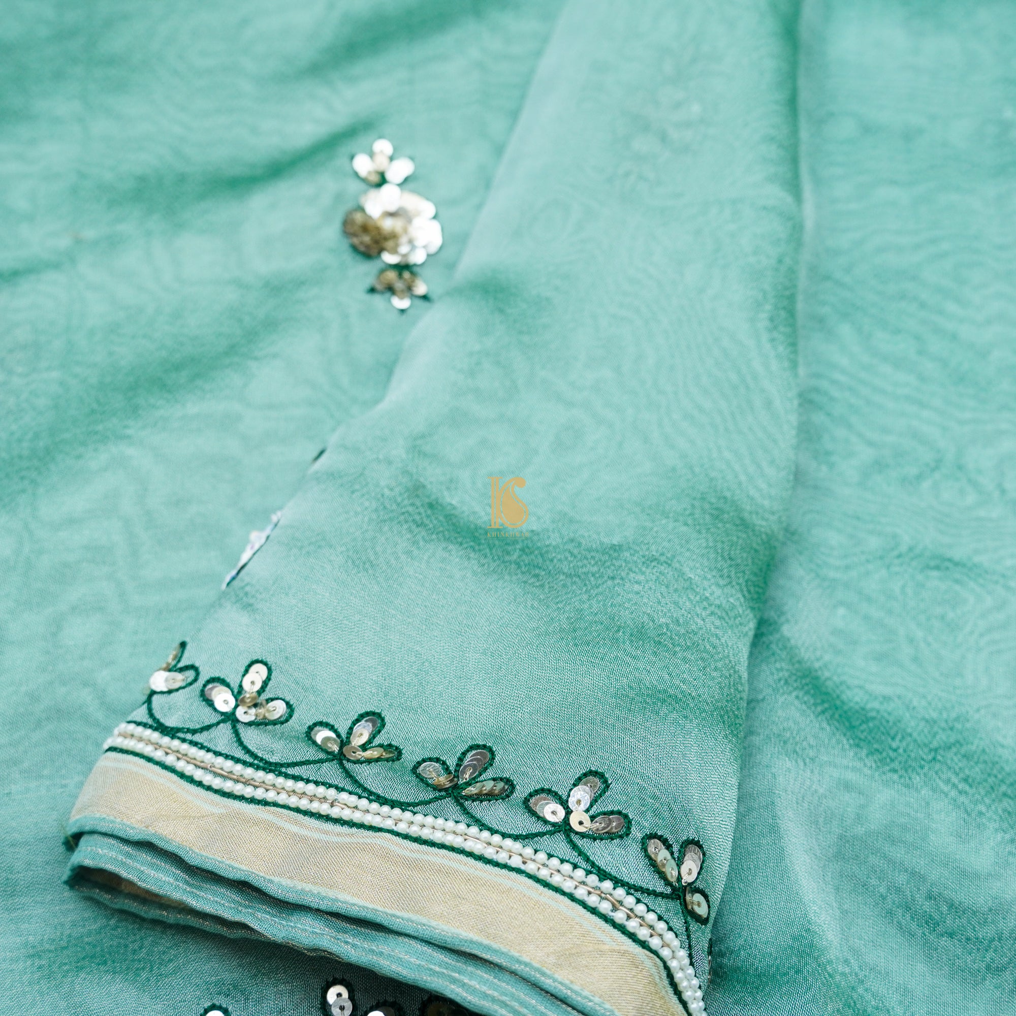 Neptune Green Pure Tissue Silk Pearl & Sequin Embroidery Saree - Khinkhwab