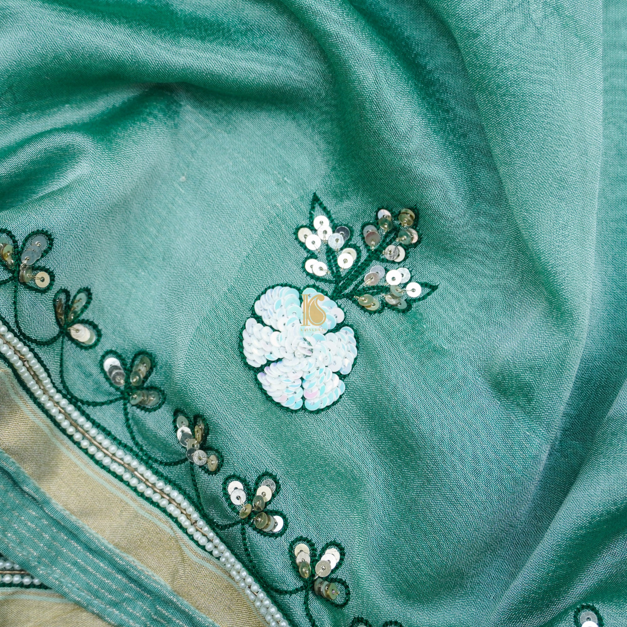 Neptune Green Pure Tissue Silk Pearl & Sequin Embroidery Saree - Khinkhwab