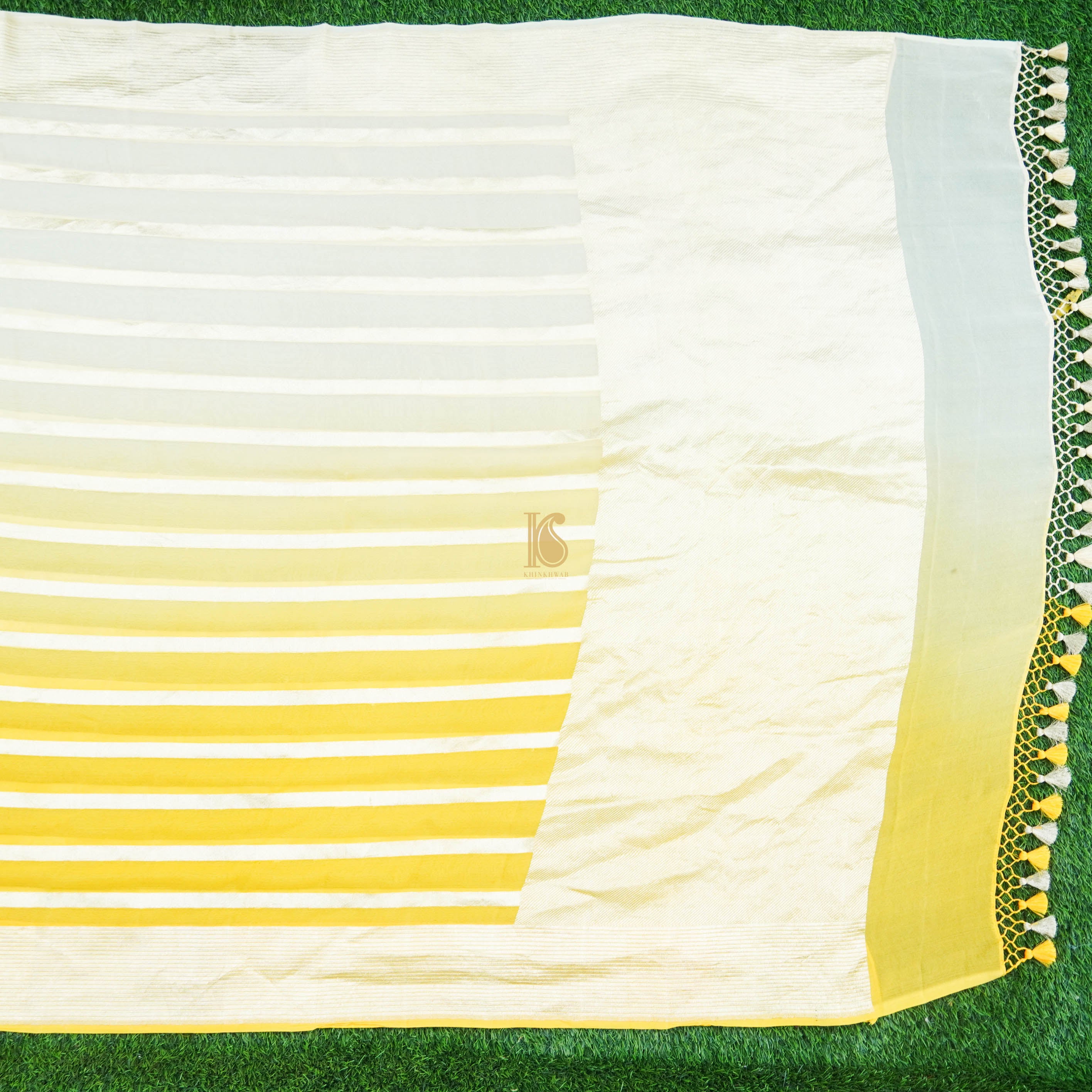 Yellow Pure Georgette Handloom Stripes Banarasi Saree - Preoder - Khinkhwab